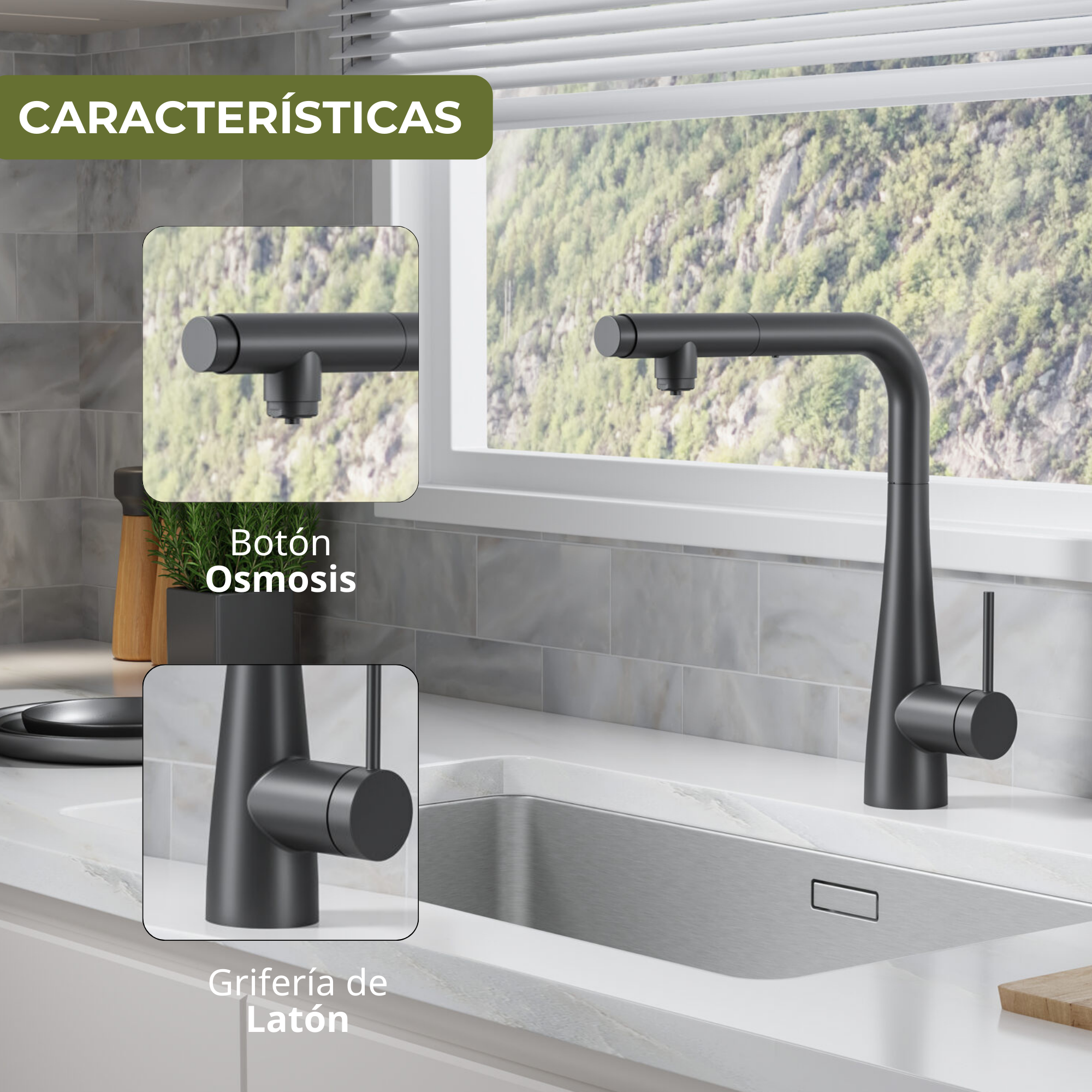 Fregadero Negro IMEX Grifo De Cocina Osmosis Extraible Leroy