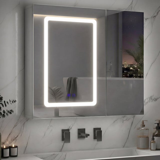 Armoire de Toilette avec Miroir LED - l.70 cm H.60 cm P.13 cm - 2 portes - Anti-buée - Éclairage 3 Couleurs Variable - 6 espaces de rangement - Blanc