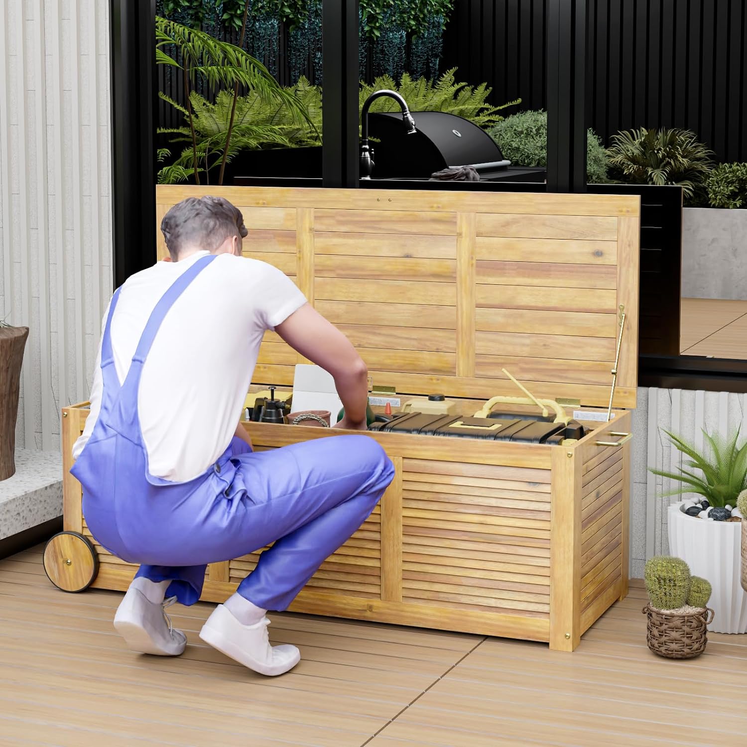 Caja de almacenamiento exterior de 182L rodante, de madera de acacia con 2 ruedas, asa lateral, funda impermeable, para cojines, juguetes, natural - 2
