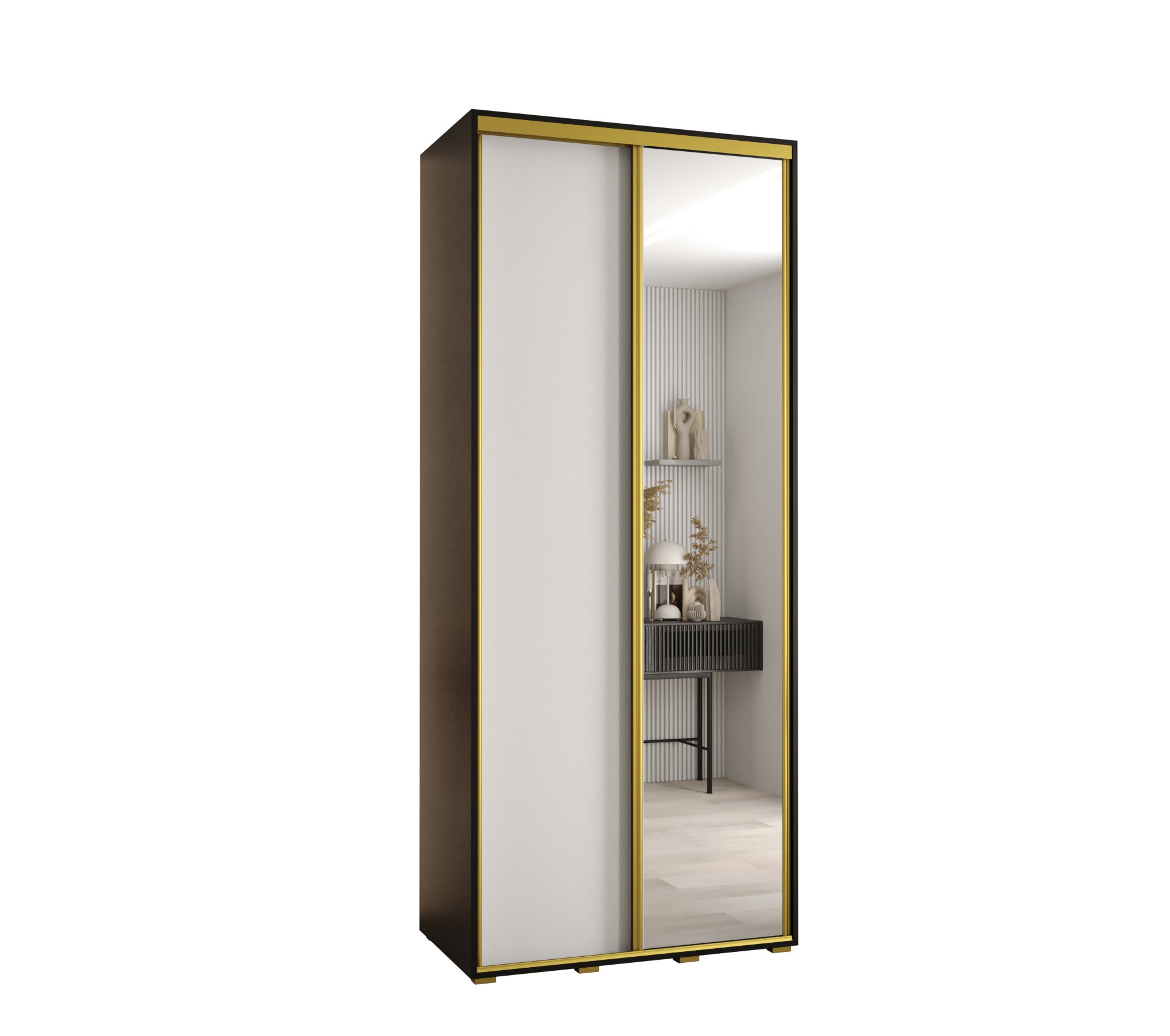 Szafa przesuwna z lustrem wysoka Davos 3 110 x 60 x 235,2 cm czarny + biały + u. złoty - Abiks Meble