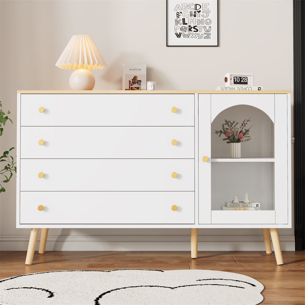 Nowoczesna biała komoda z 4 pojemnymi szufladami, złote uchwyty, elegancki styl, 40x120x77,5 cm