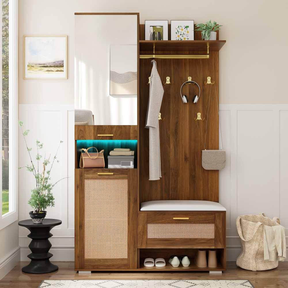 Set di Armadio con Specchio, Illuminazione LED a 16 Colori, 6 Ganci Dorati, Scarpiera e Panchina, Design Moderno per Entrata - 2