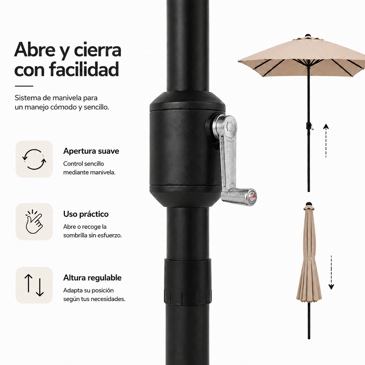 Parasol de jardin réglable 3 mètres avec manivelle couleur kaki - 5
