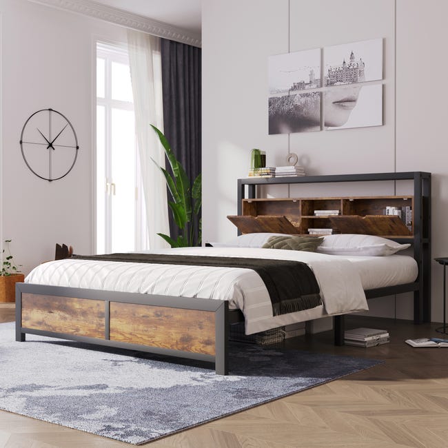 Lit en métal 140 x 200 cm avec tête de lit rangement - style industriel ...