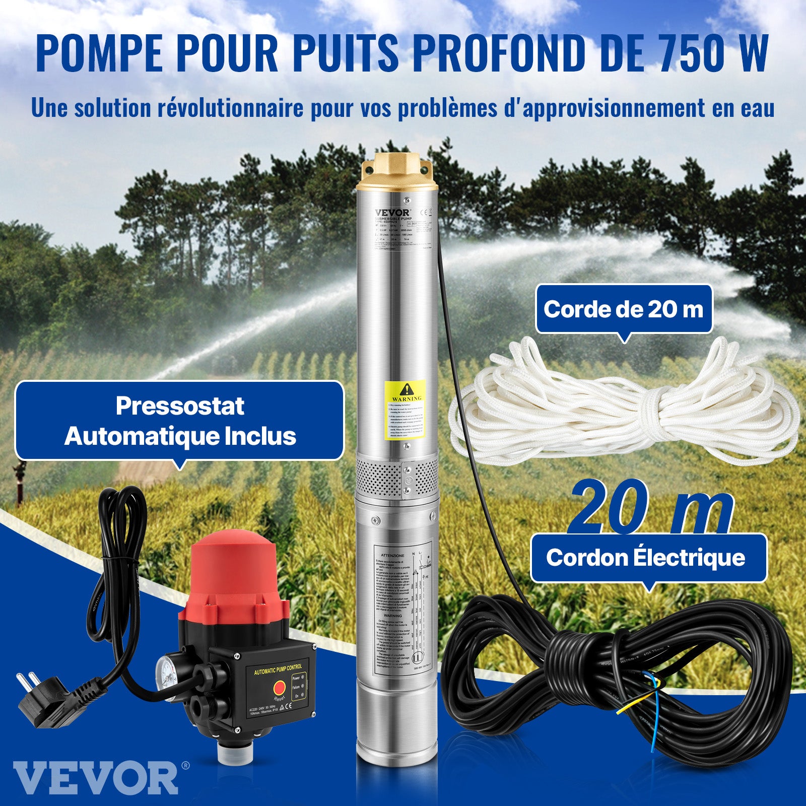 750W Pompe Immergée pour Puits VEVOR 105 L/min 62 m Pompe à Eau pour Puits Profond en Acier Inox, Pompe à Eau Électrique, Pompe de Puits Submersible - 2