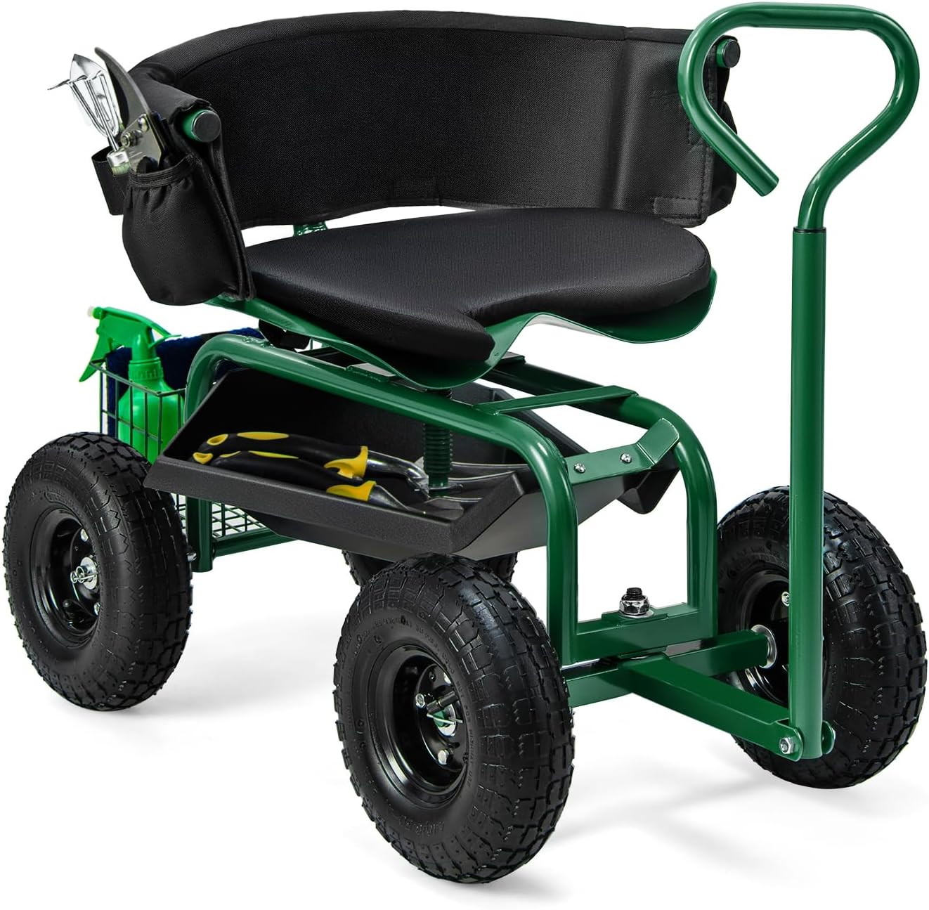 Chariot De Jardin Avec Siège Pivotant 360° Et Réglable En Hauteur - 3 Roues - Charge 150kg - Pour Jardinage Extérieur Et Repos