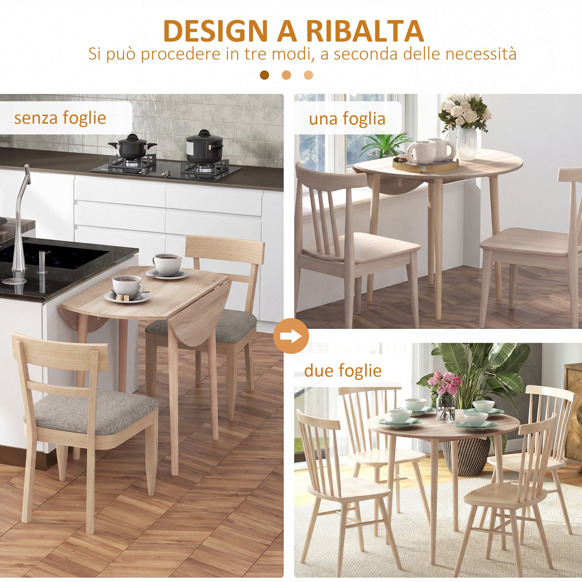 Pliant réversible table pour cuisine et salon, déjeuner table en Veneer et bois de pin, Ø89x73.5 cm, couleur bois - 6