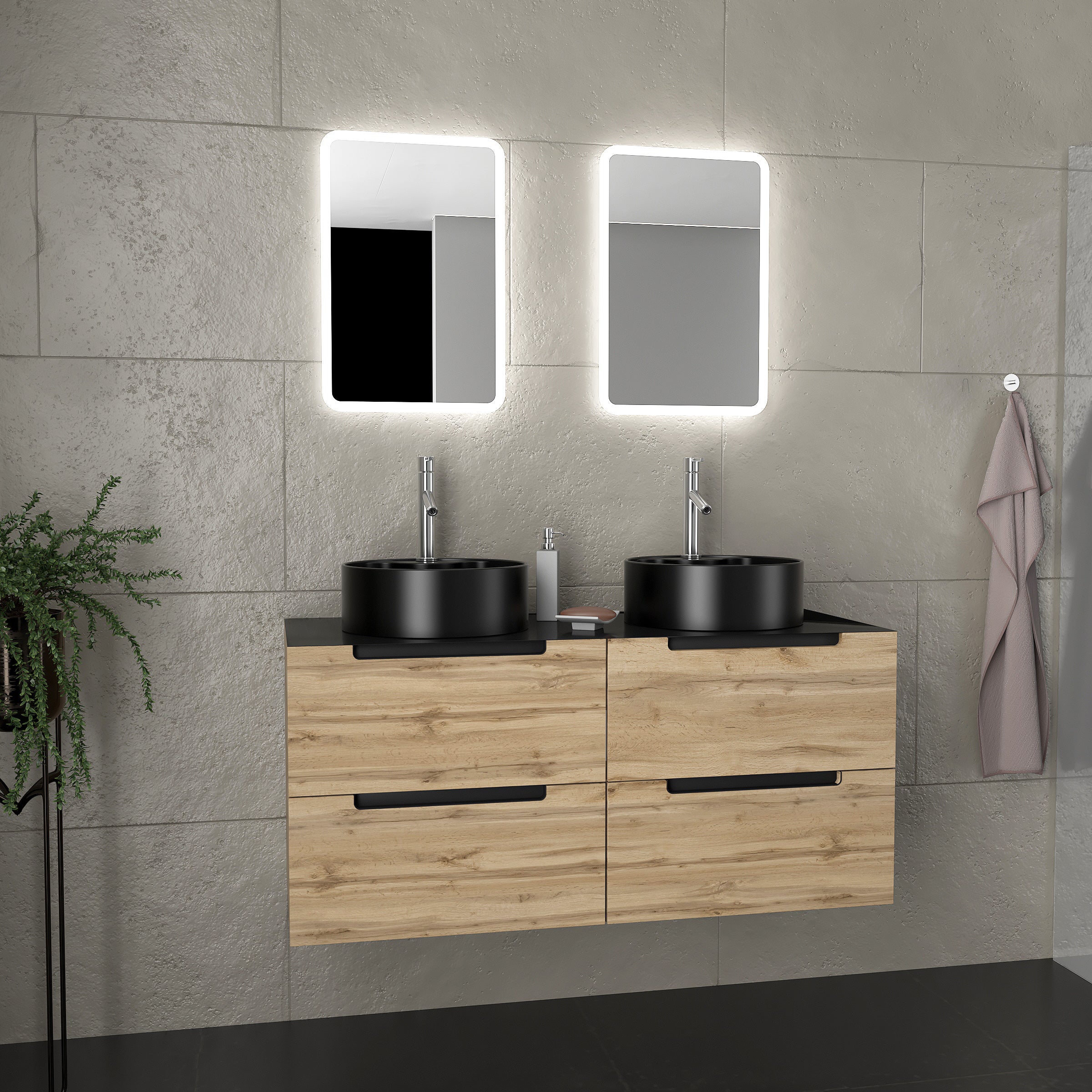 Mueble baño 120cm roble y negro - lavabos ø41 cm + espejos led