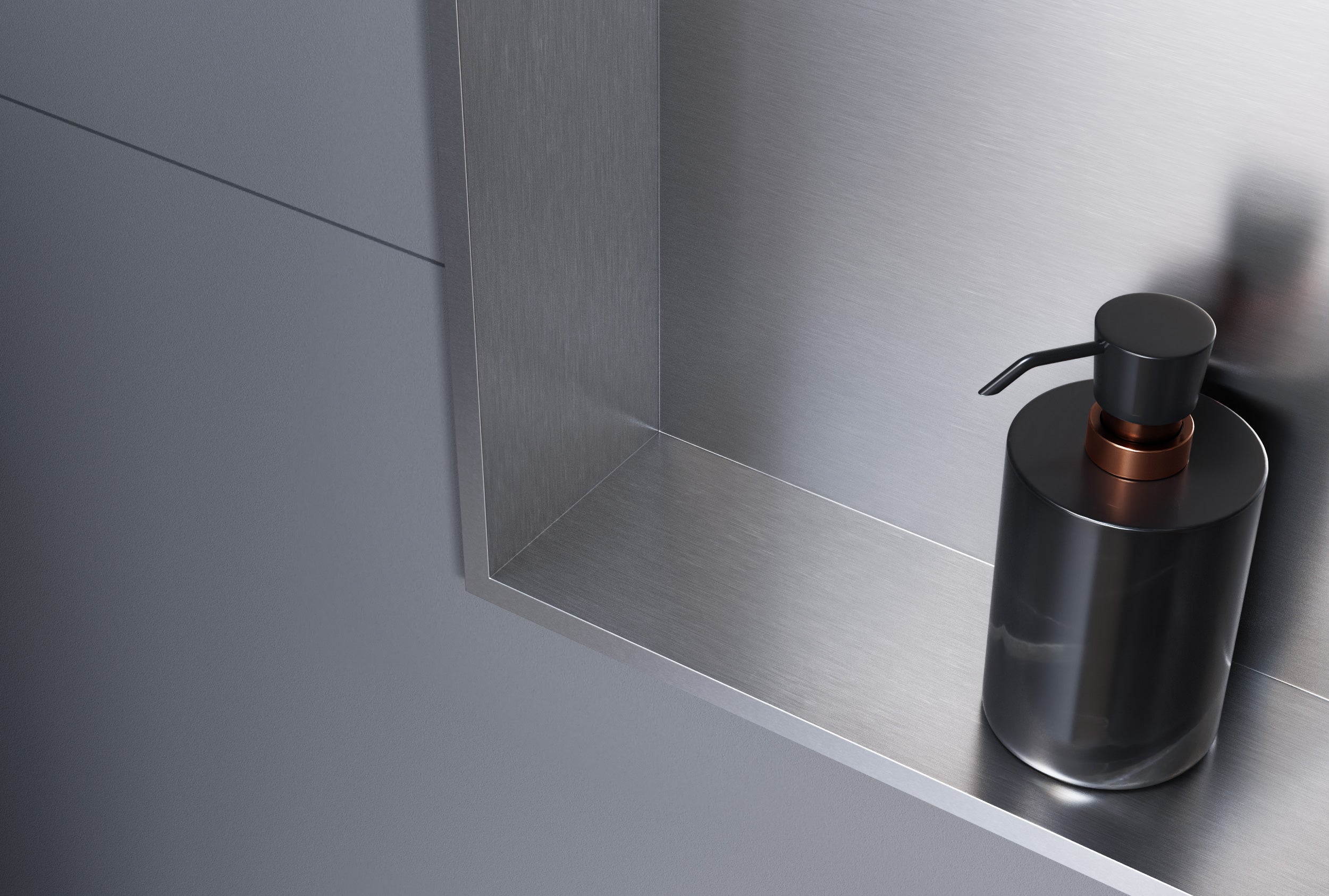 BERNSTEIN - Niche murale douche acier inox + 3 Spots LED, étagère douche encastrable - 30x90x10cm (HxLxP) - Acier brossé, 3x Spot Cadre Chrome - 2