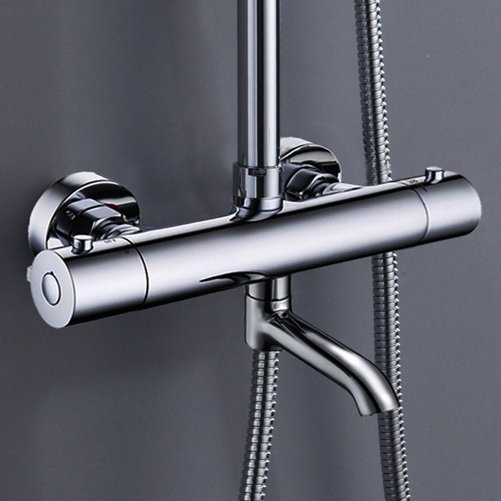 Kibath Colonne de douche thermostatique AVEC BERCEAU | Hauteur réglable 85-115 cm | Laiton massif, finition chromée polie | Design carré avec pomme de - 3