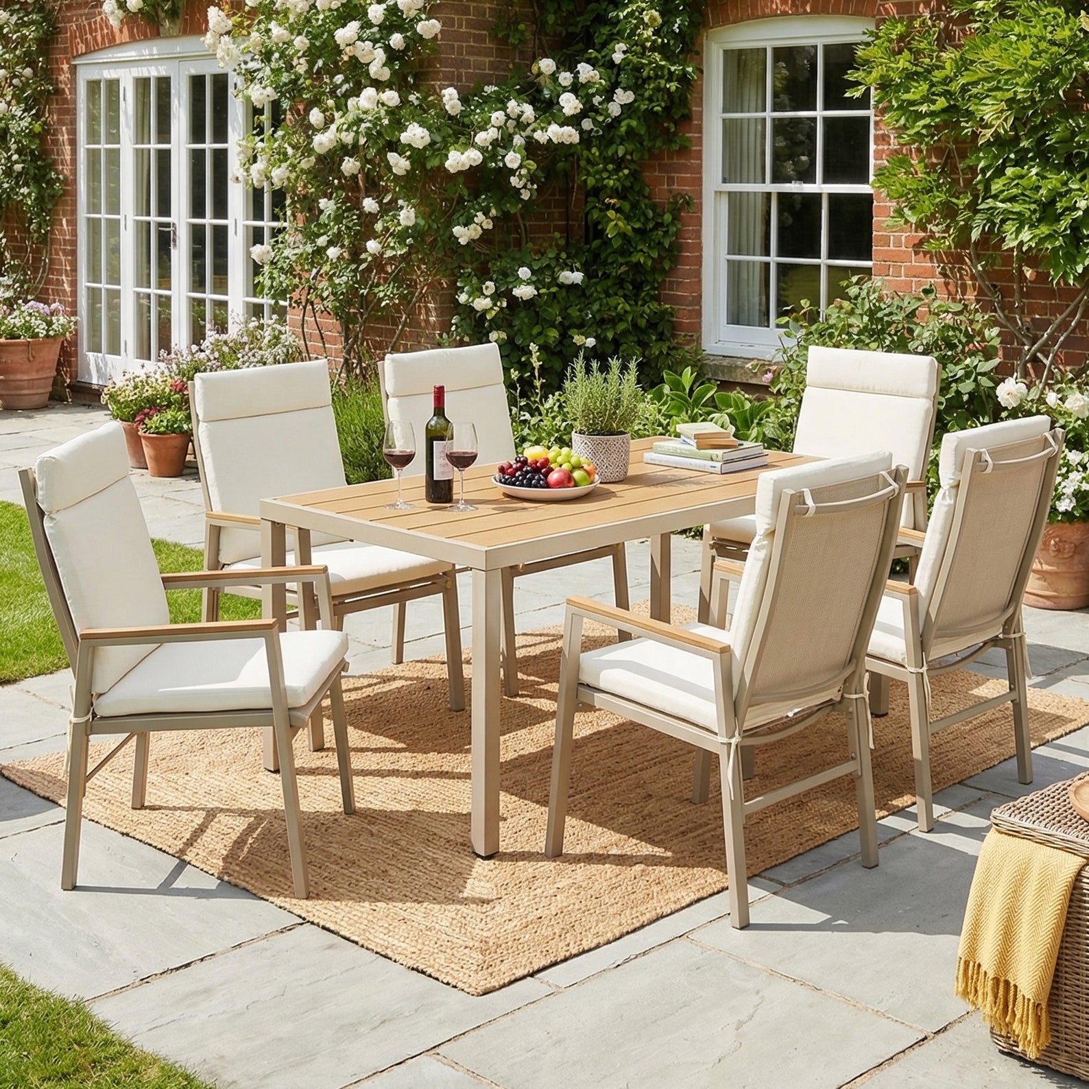 Conjunto de muebles de jardín para 6 personas con mesa de comedor rectangular y 6 sillas - 159 x 90 x 74,5 cm - Acero galvanizado y poliéster - Beige - 3