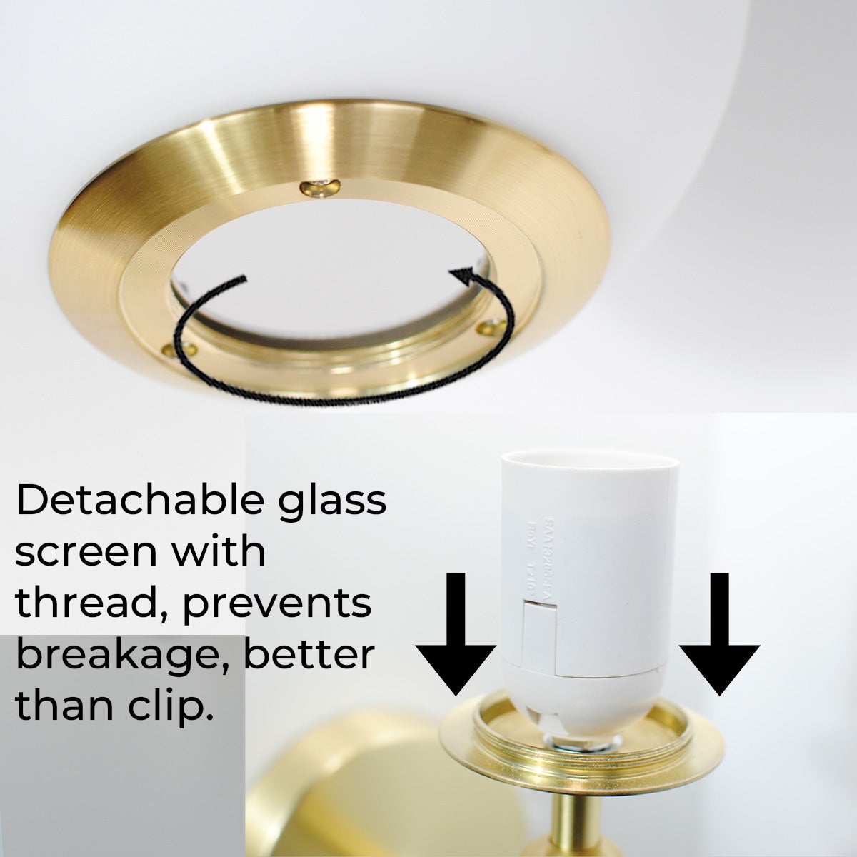 Aplique de Pared, Bola de Cristal Opalina y Soporte Dorado, Casquillo E27, Ideal para Dormitorio, Salón y Pasillo - 7