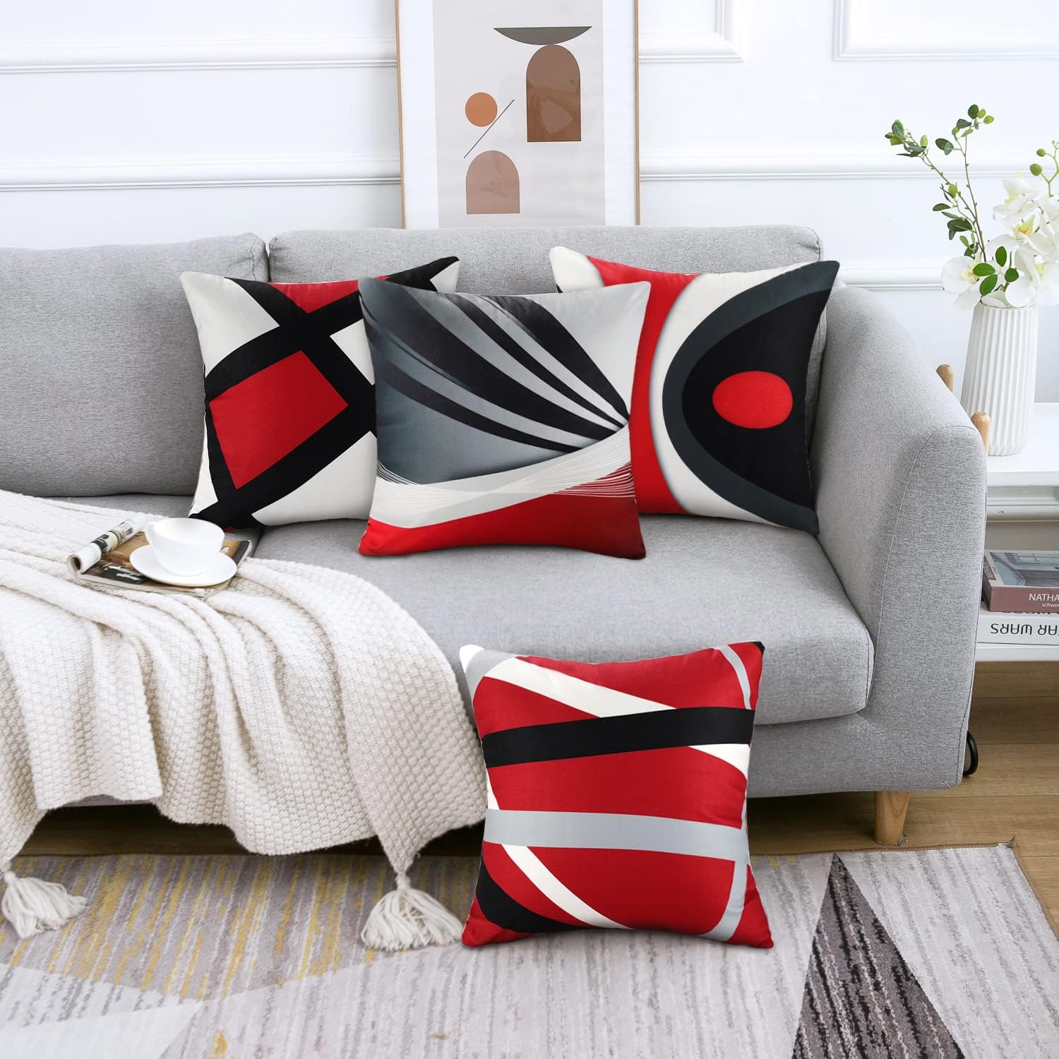 4 Pièces 45x45cm Housse de Coussin Géométrique Moderne Coussin Rouge Noir Gris Coussin Canapé Decoratif Irrégulier Rayures Taie d'oreiller Double - 4