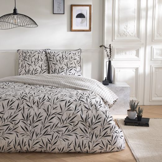 Parure de lit 2 personnes feuillage et rayures en coton 260x240cm