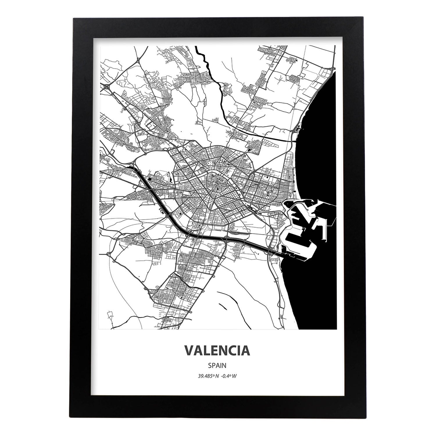 Poster con mapa de valencia espana. láminas de ciudades de espana con mares y rios en color negro. sin marco - a3