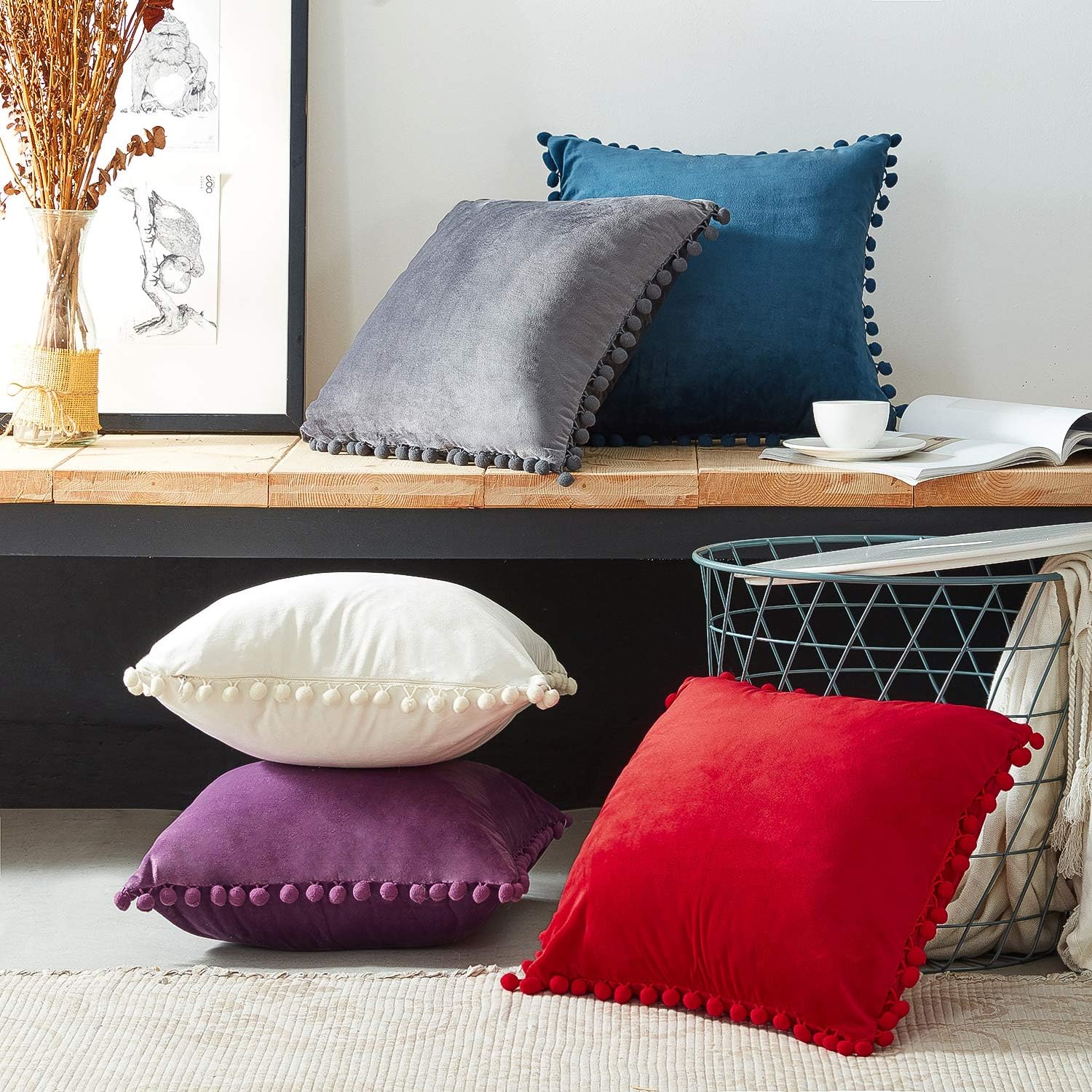 Set of 2 velvet pillows, simple pillowcases, decorative pillow case， 45 × 45 cm，Bleu paon - 8