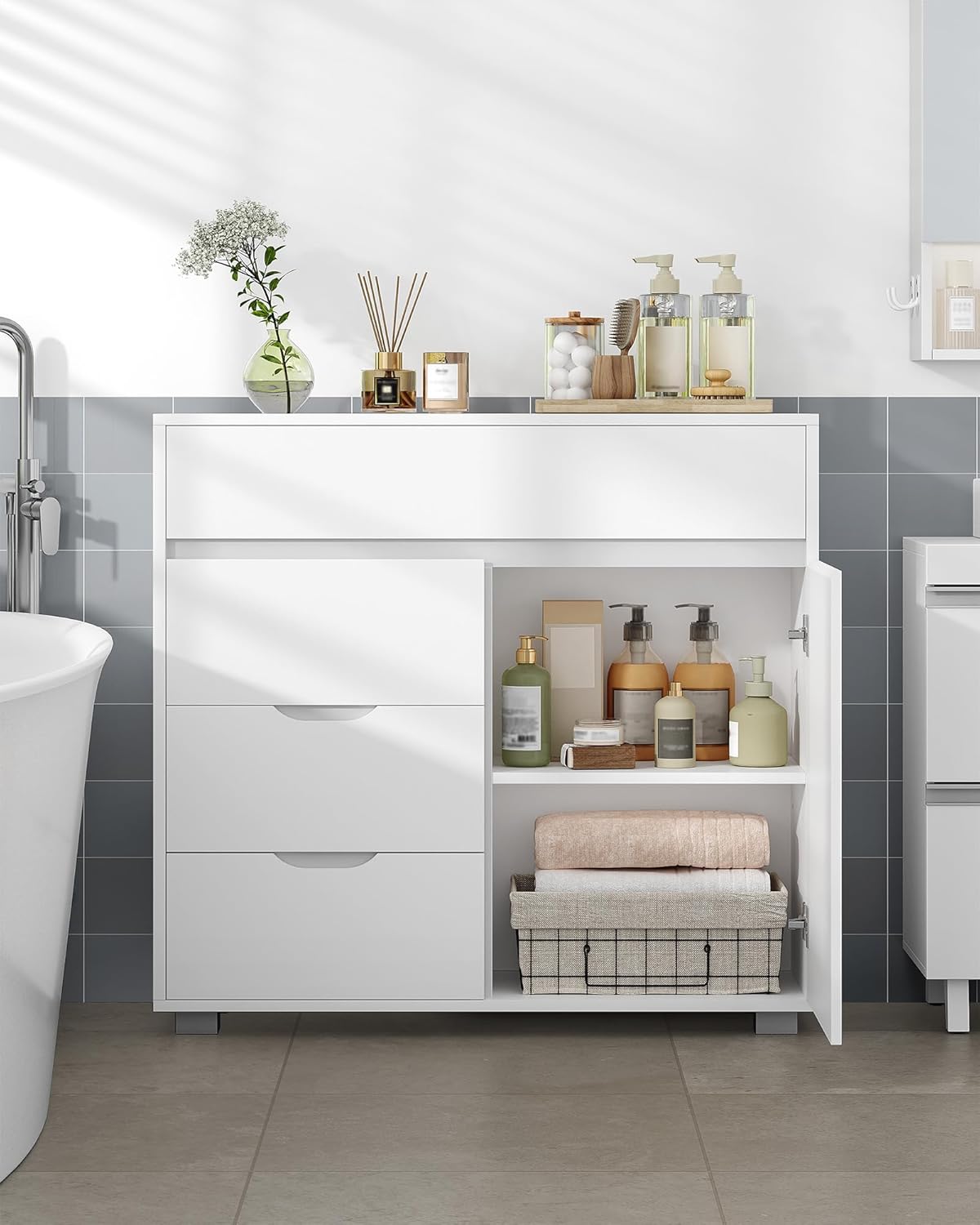 Meuble Salle de Bain, Armoire de Rangement avec Étagère Réglable, Commode avec 4 Tiroirs et 1 Porte, Moderne, pour Salon, Salle de Bain, Blanc - 2