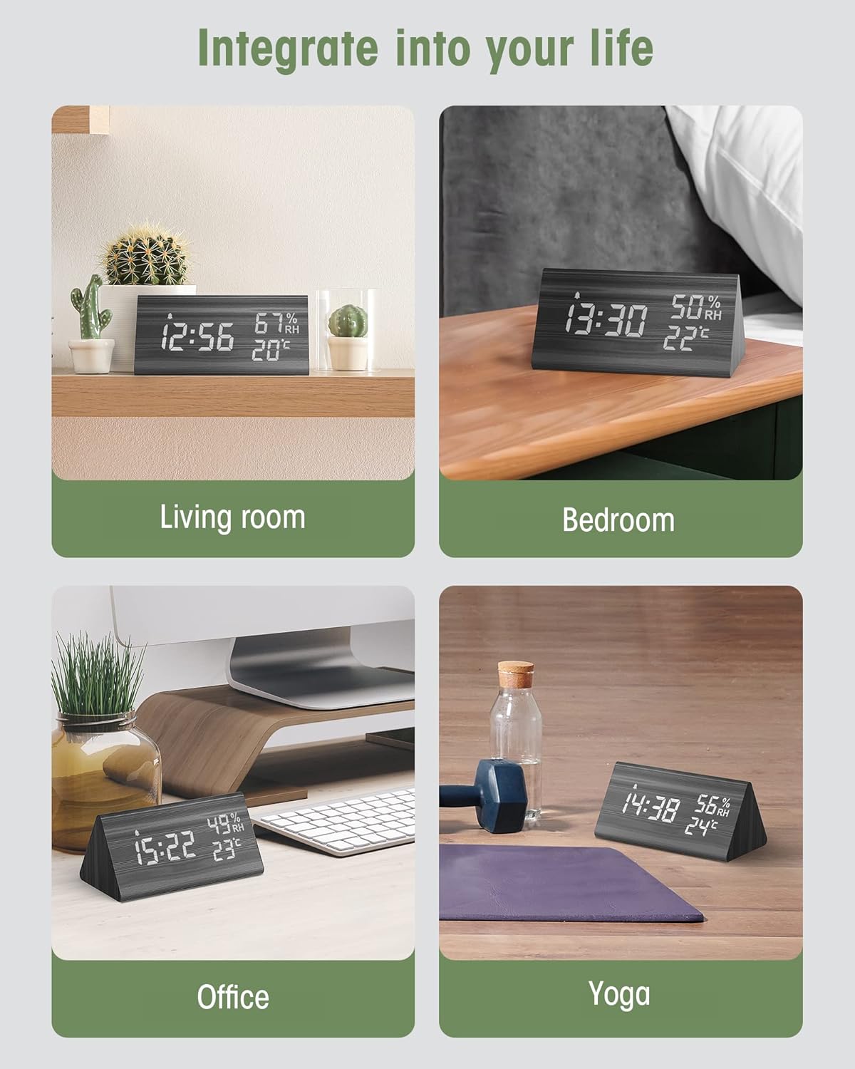 Réveil numérique en bois, avec fonction snooze, date, température et humidité - Noir - 3
