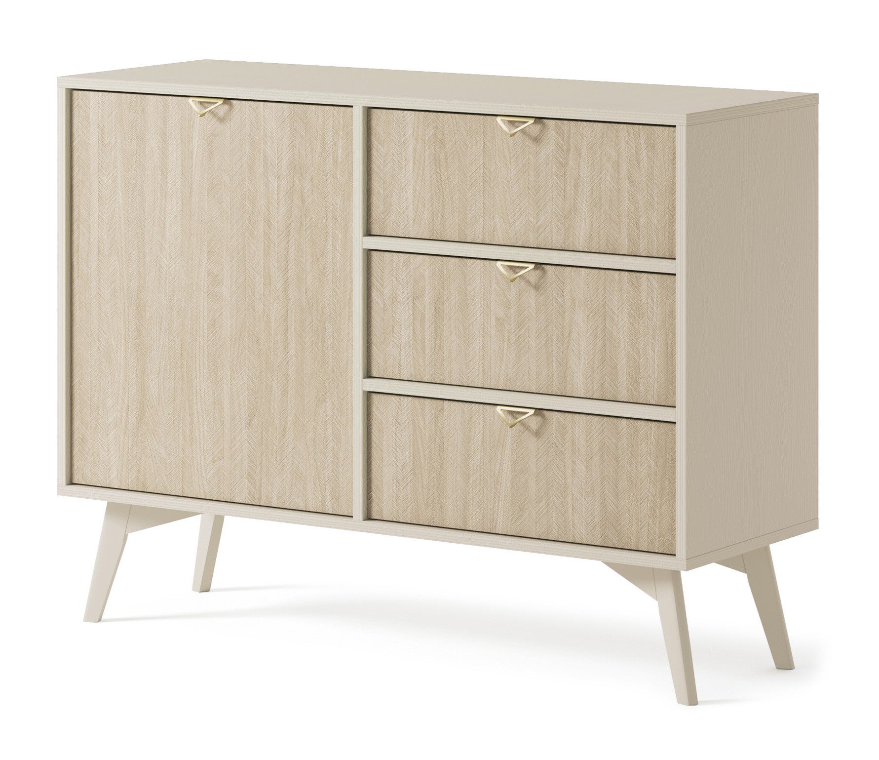 Komoda FIRR D3S 106 cm – Beż piaskowy + Jodełka Scandi, 3 szuflady, drzwi, złote uchwyty