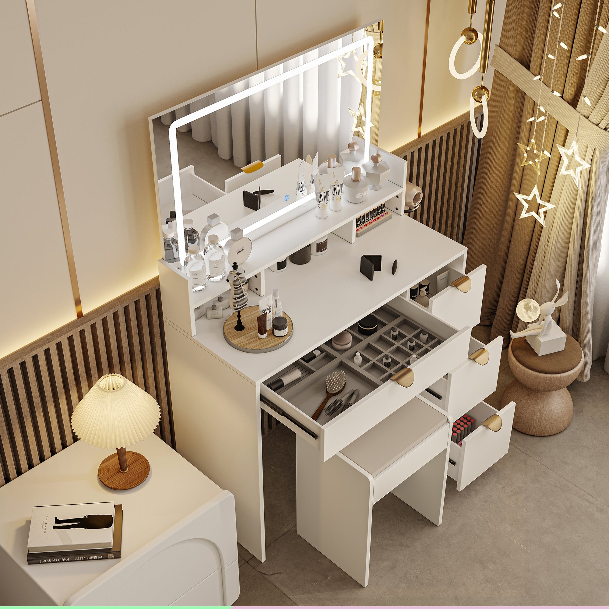 Coiffeuse blanche, miroir LED tactile tricolore, 4 tiroirs, prise électrique intégrée, 1 tabouret, support pour sèche-cheveux - 40x90x140 cm - 2