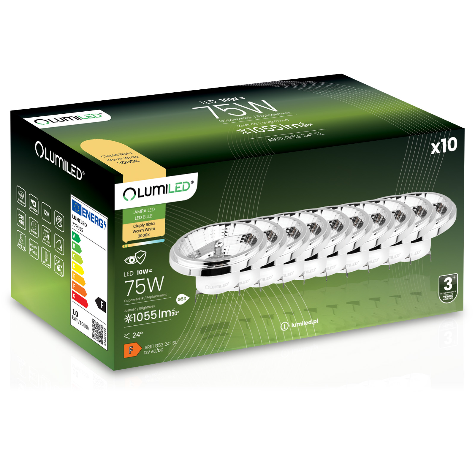 Żarówka LED Lumiled G53 Reflektor AR111 10W 1055lm 3000K Ciepła biel 24st 12V Srebrna 10 szt.