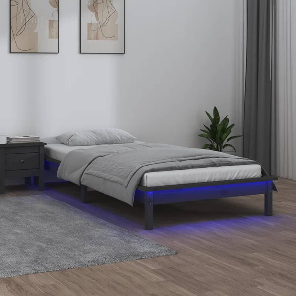 Łóżko Drewniane Szare Rama Łóżka Ze Stelażem Drewniana Łóżko Do Sypialni Pokoju z Oświetleniem LED 90x200 cm