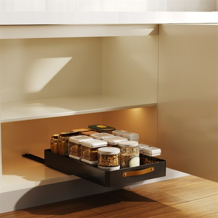 Kosz kuchenny do szuflady, półka do przechowywania przypraw i naczyń, organizer przesuwny, czarny, 34*48 cm