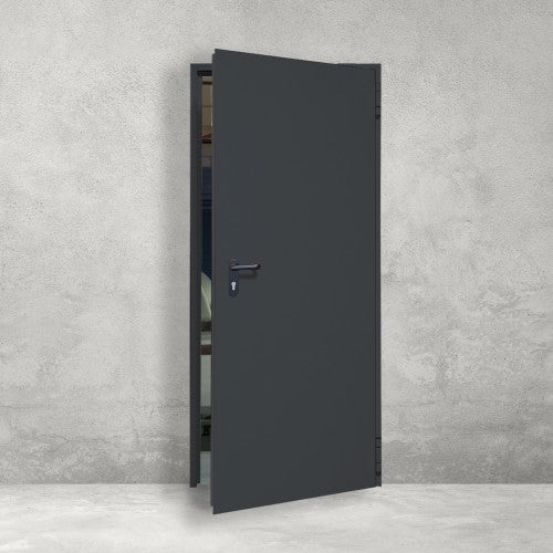 Porte de service acier 1 vantail FOX - Gris RAL 7016 – 215x100 cm - huisserie Z pose tunnel affleurant - poussant droit
