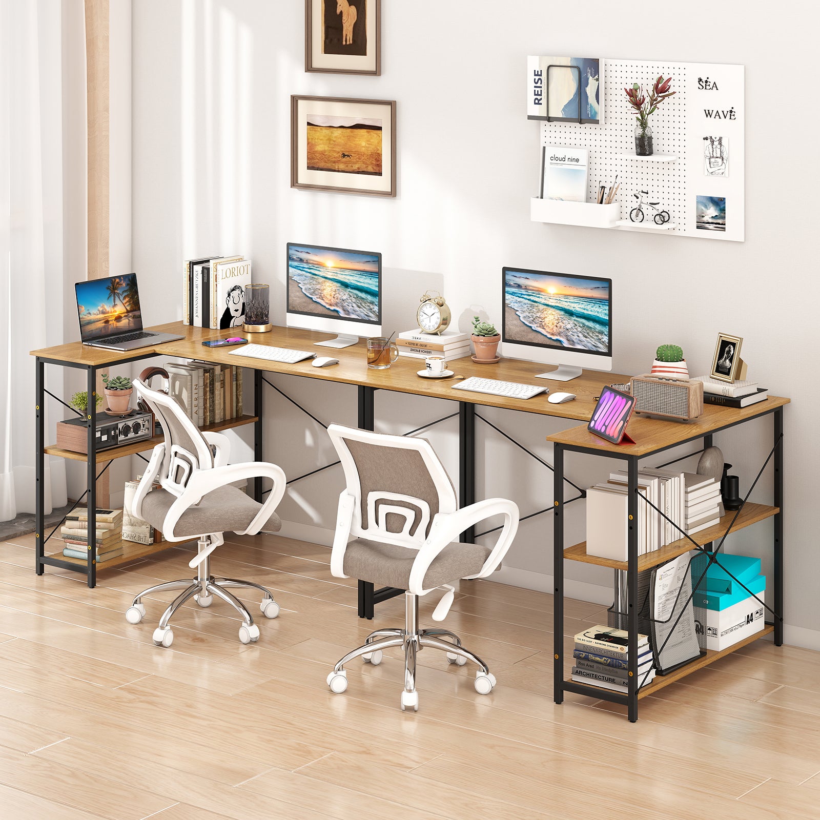 Bureau d'Ordinateur en Forme de L, Bureau d'angle Réversible avec Étagère Réglable, Table d'Étude Gain de Place, Naturel - 5