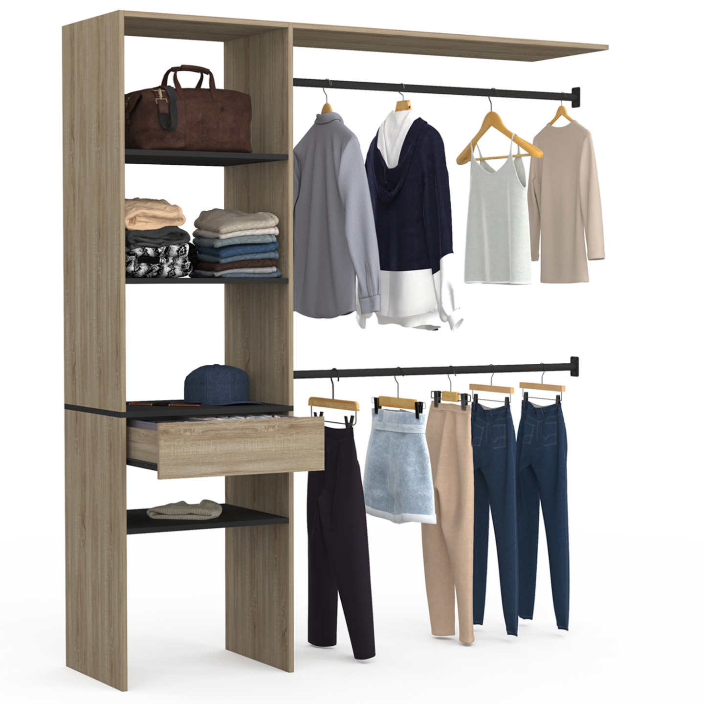 Kit dressing MELINE 160 x 40 x 180 cm hêtre avec étagères noires + tiroir + double penderie - 2