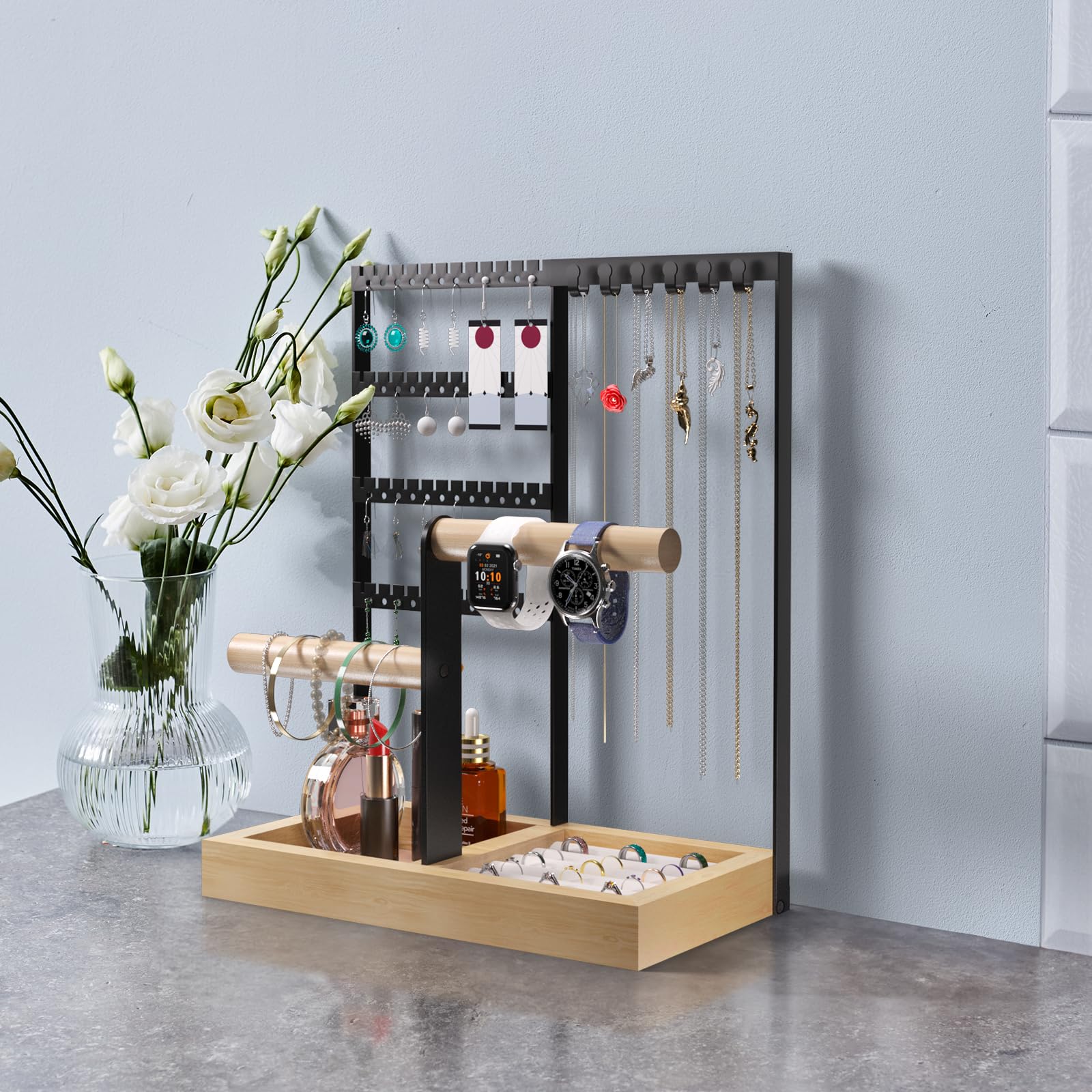 MINICLOSS Présentoir à bijoux, support à colliers et boucles d'oreilles, support à bijoux amovible à double axe (doré) - 3