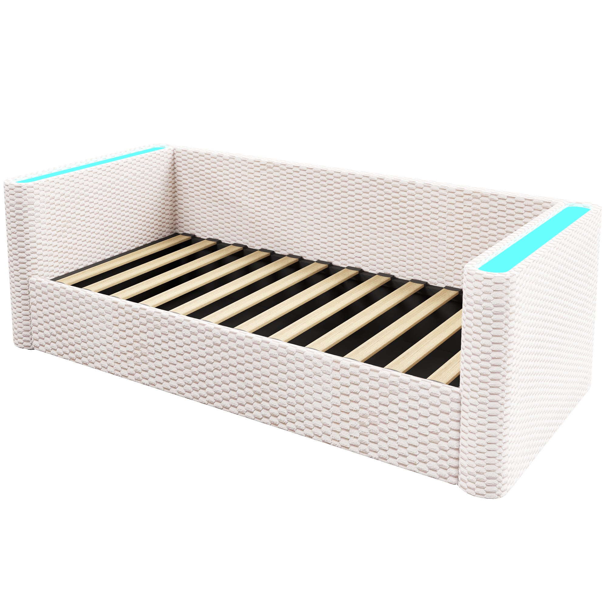 Rozkładana sofa z pojemnikiem 90x200 cm - z oświetleniem LED - stelaż lamelowy - welur - beżowy​ (materac nie jest wliczony w cenę) - 9