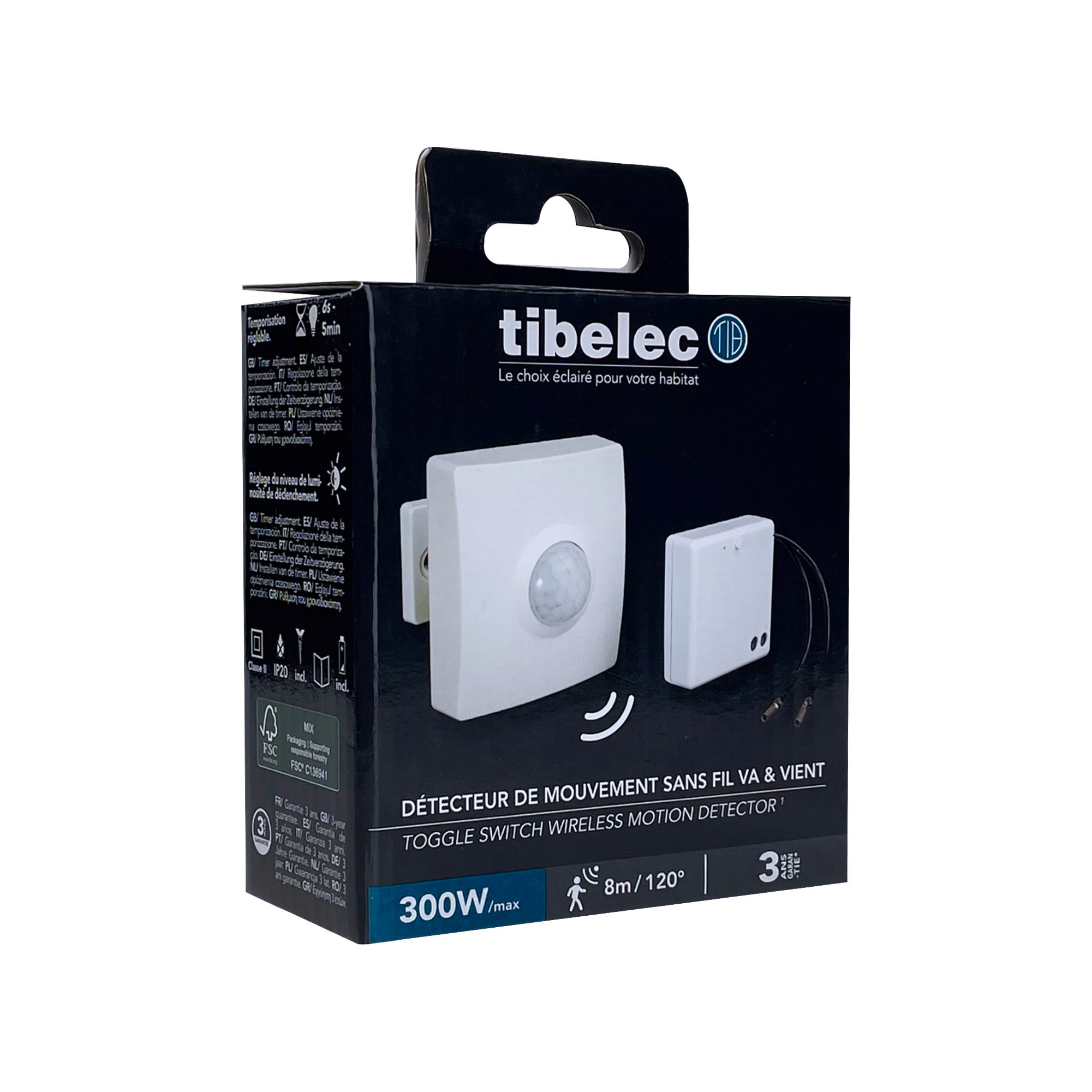 Détecteur de mouvement infrarouge sans fil va et vient, blanc, portée 8m. garantie 3 ans - Tibelec - 7