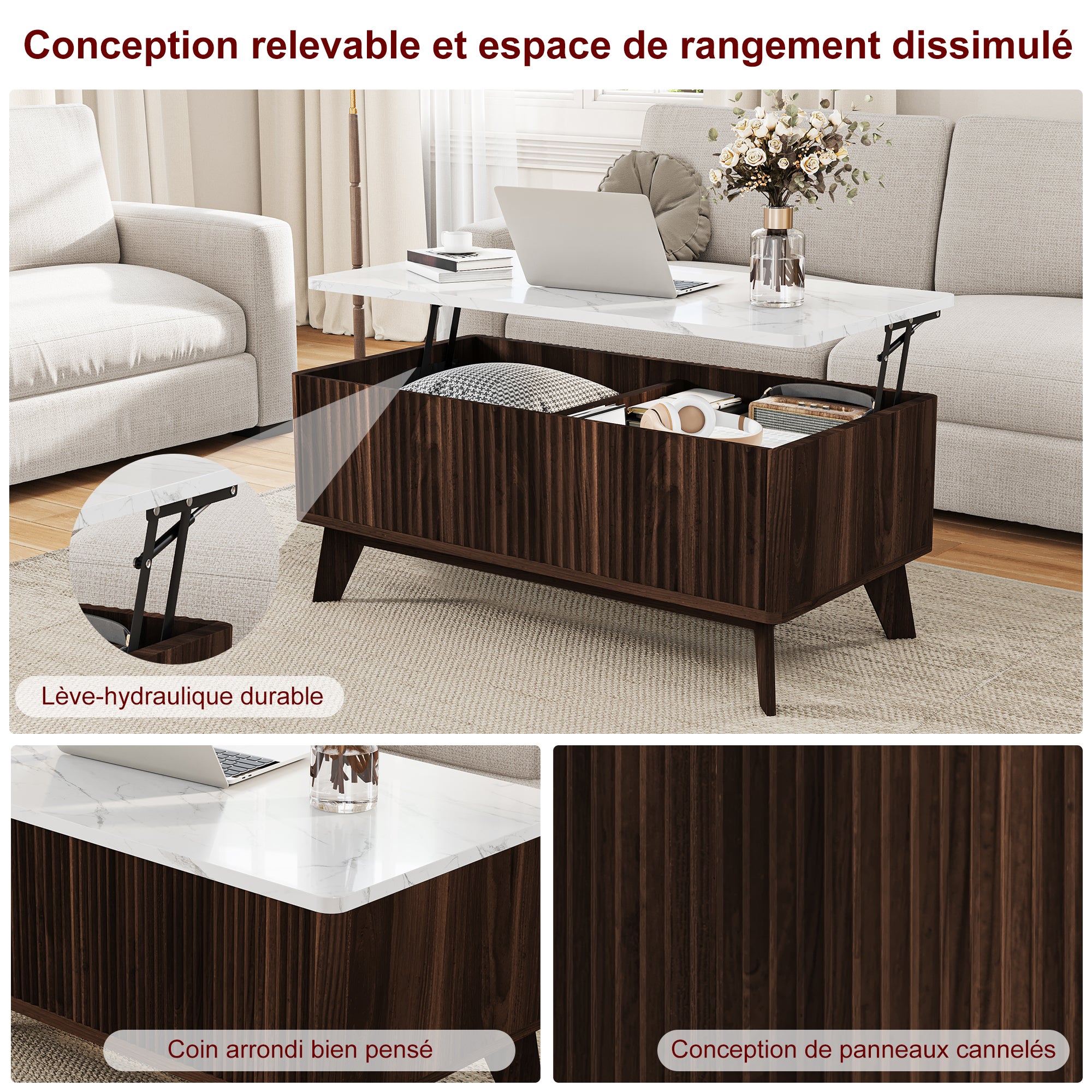 Table Basse, Table de Salon Relevable, Métal Vérin à Gaz, Plateau en Marbre,Compartiment sous Le Plateau,pour Salon,Salle à Manger, 105 x 42 x 53 cm - 6