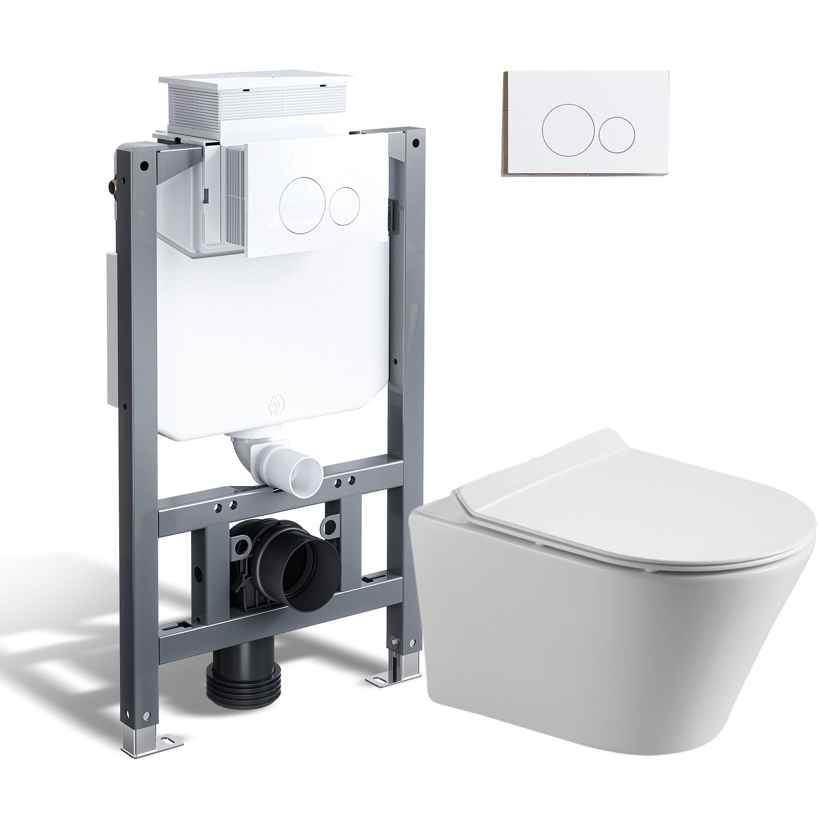 HOROW Kompletny zestaw toaletowy podwieszany - biała Bezramowa toaleta podwieszana do ściany + Wspornik do toalety + biała płytka spłukująca