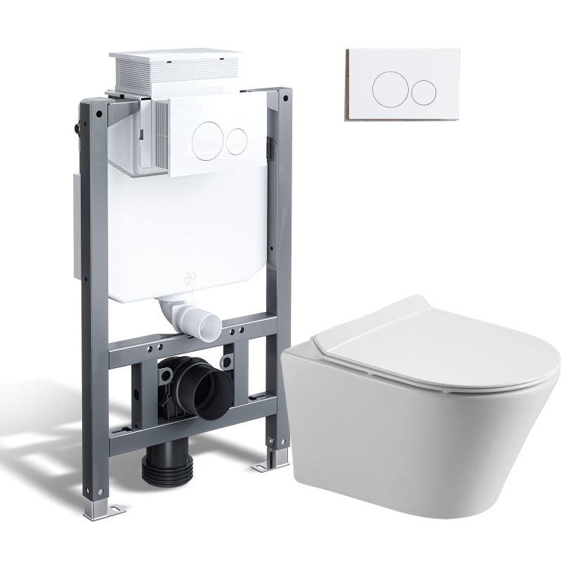 HOROW Kompletny zestaw toaletowy podwieszany - biała Bezramowa toaleta podwieszana do ściany + Wspornik do toalety + biała płytka spłukująca