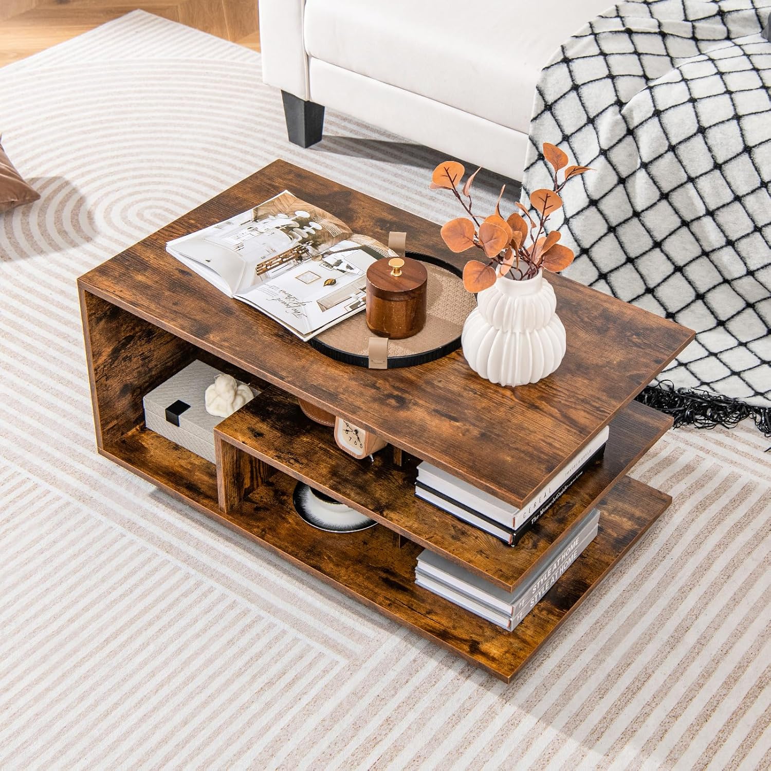 Table Basse avec Rangement, Table Basse Salon avec Etagères, Design Géométrique en L, Grand Compartiment, 90 x 50 x 42 cm (Marron Rustique) - 9