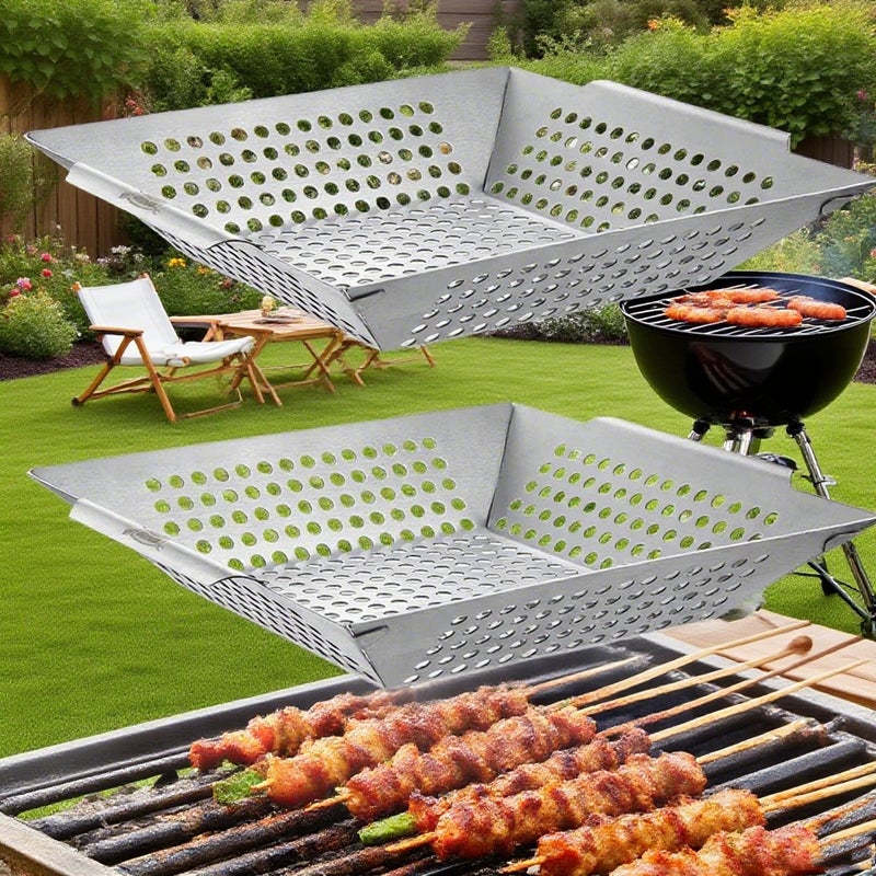 2 kosze do grillowania, kompaktowe przechowywanie, odporny na ciepło uchwyt, równomierne pieczenie (2 duże formaty)