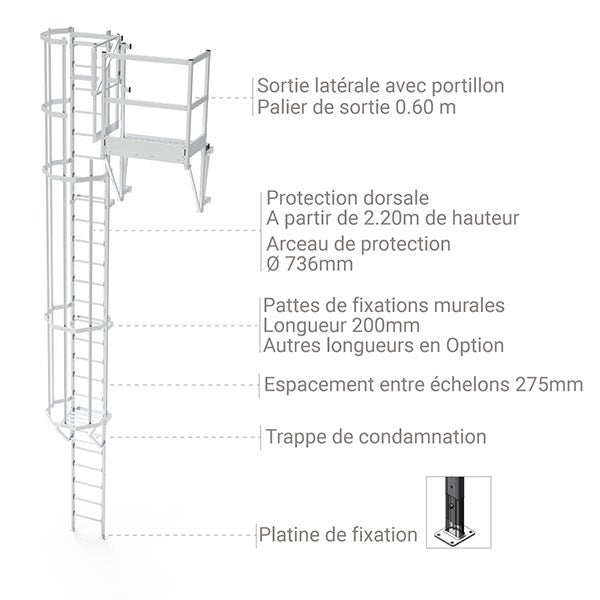 Echelle à crinoline avec sortie, palier latérale 0,6m et porte de condamnation - Hauteur à franchir de 5.80 à 6.10m - CS61-CPSL60-CVAP - 2