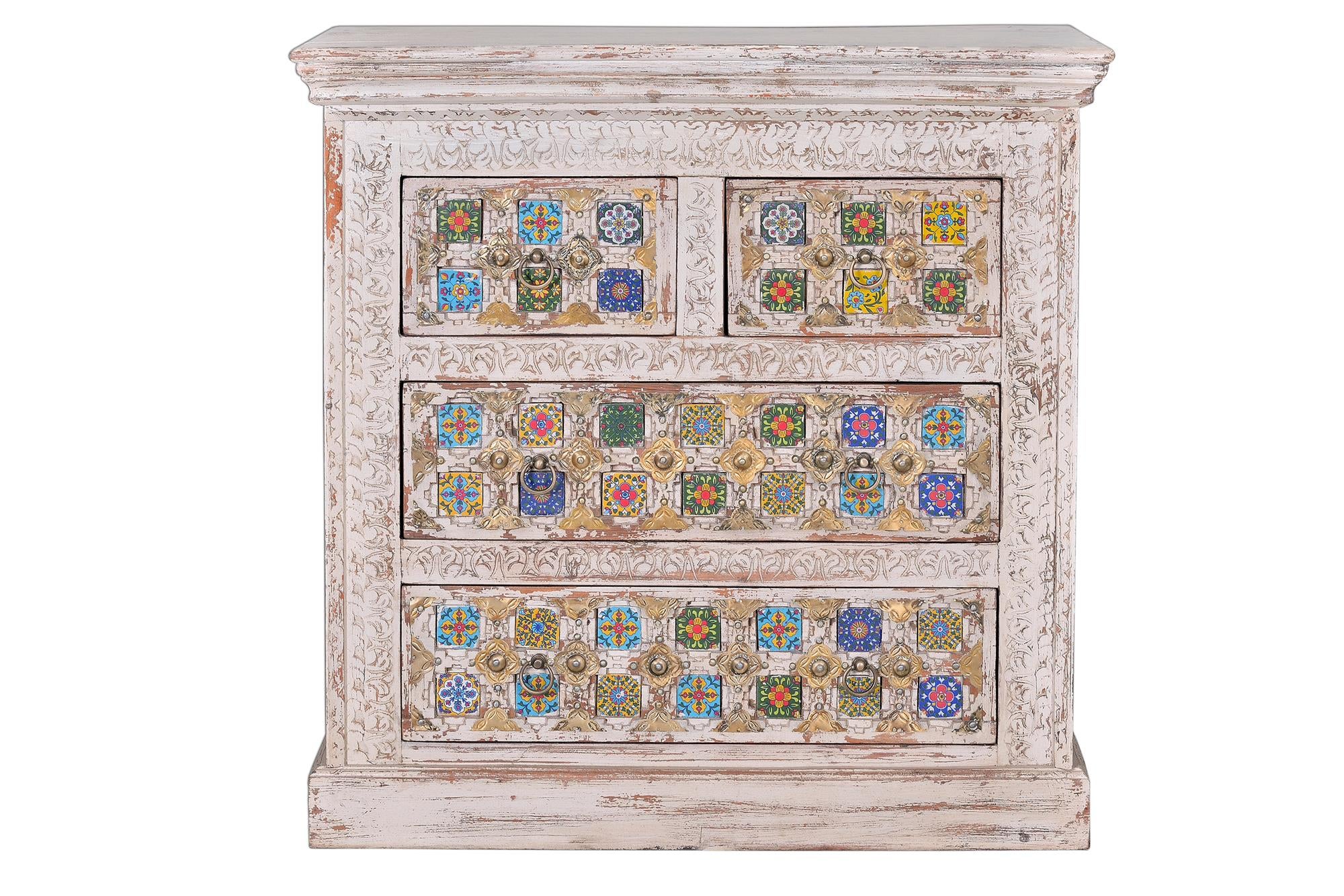 Komoda z drewna manguier z ceramicznymi detalami
