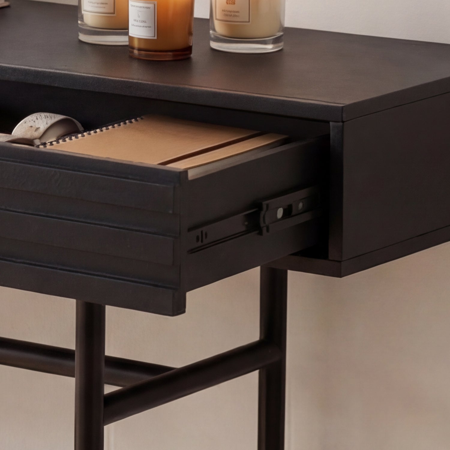 Table console Moderne avec 2 Tiroirs, Meuble d’entrée avec Pieds en Métal, 160x40.5x80.5, Noir - 6