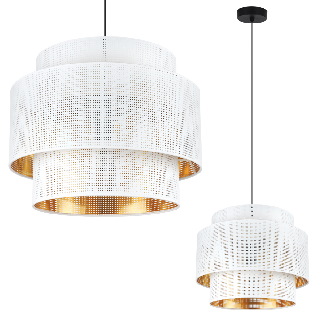 Lampa sufitowa wisząca Asti Trio biała glamour 1xE27 abażur okrągły 35cm biały/złoty siatka Light Home LH