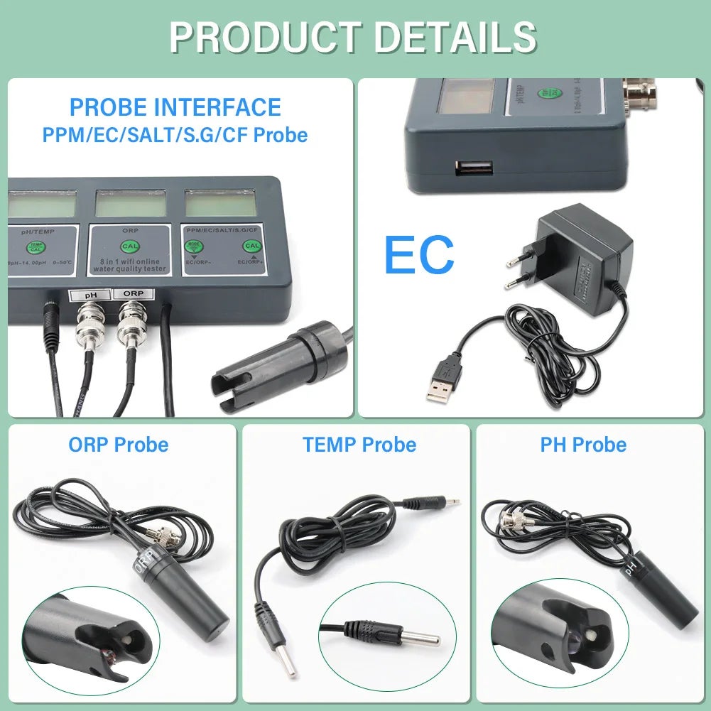 Testeur de qualité de l'eau WIFI 8 en 1 pour PH EC TDS ORP CF Température Salinité - 8