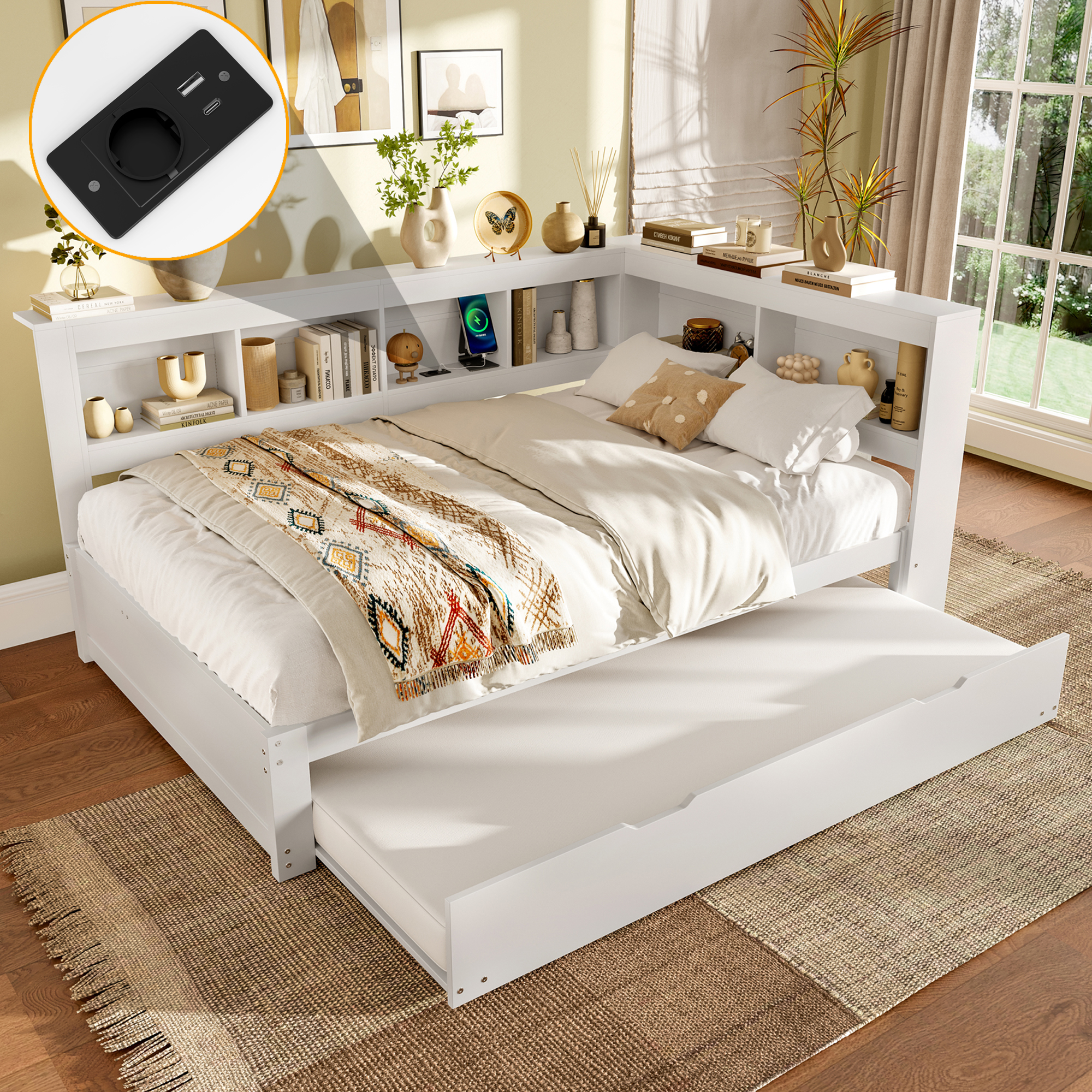 Sofa rozkładana 140x200 cm - z łóżkiem wysuwanym - z gniazdkiem elektrycznym + 2 portami USB - łóżko z stelażem - biały