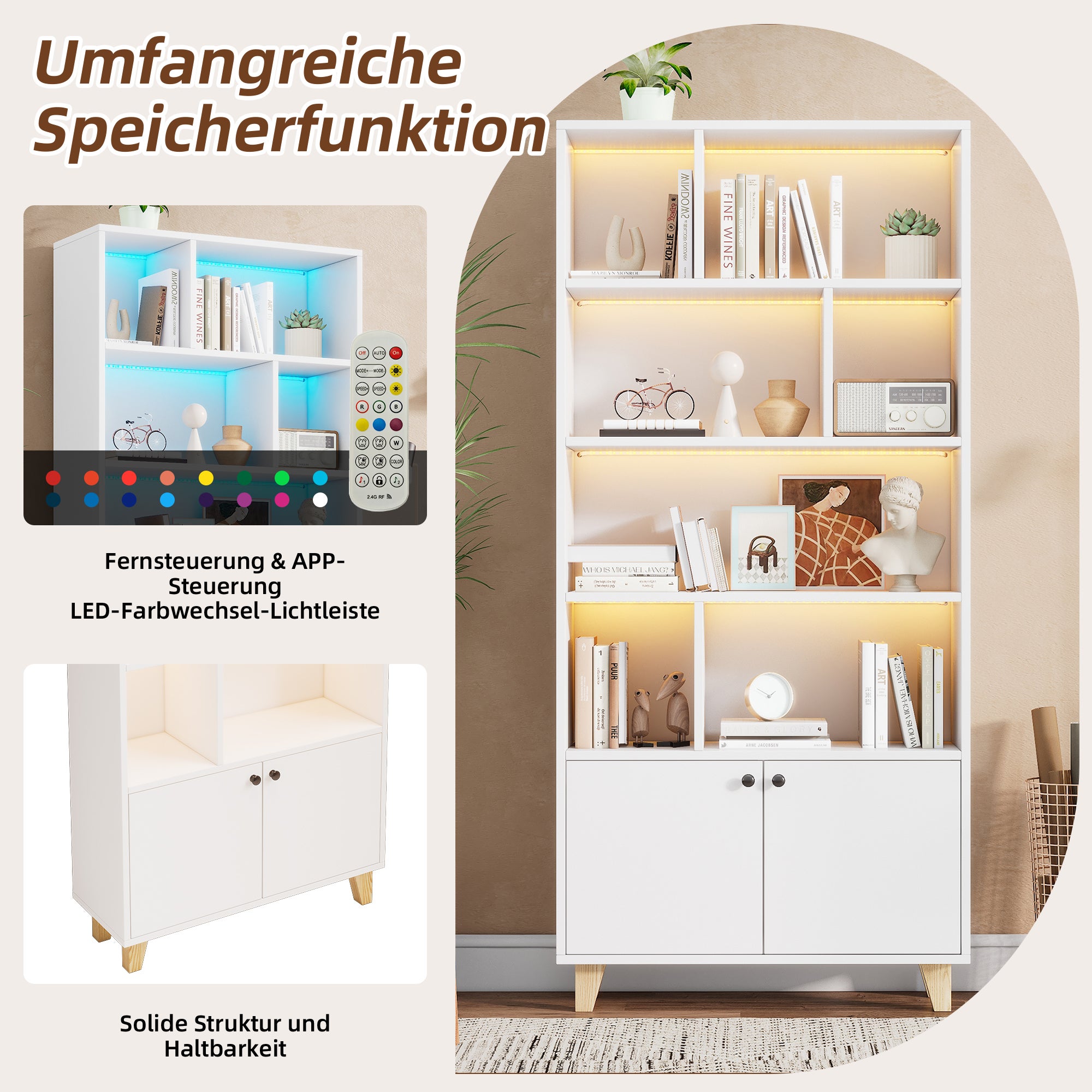 Librería con 2 puertas y compartimentos - 80 x 30 x 173 cm - LEDs - Patas de MDF y madera maciza - Blanco - 6