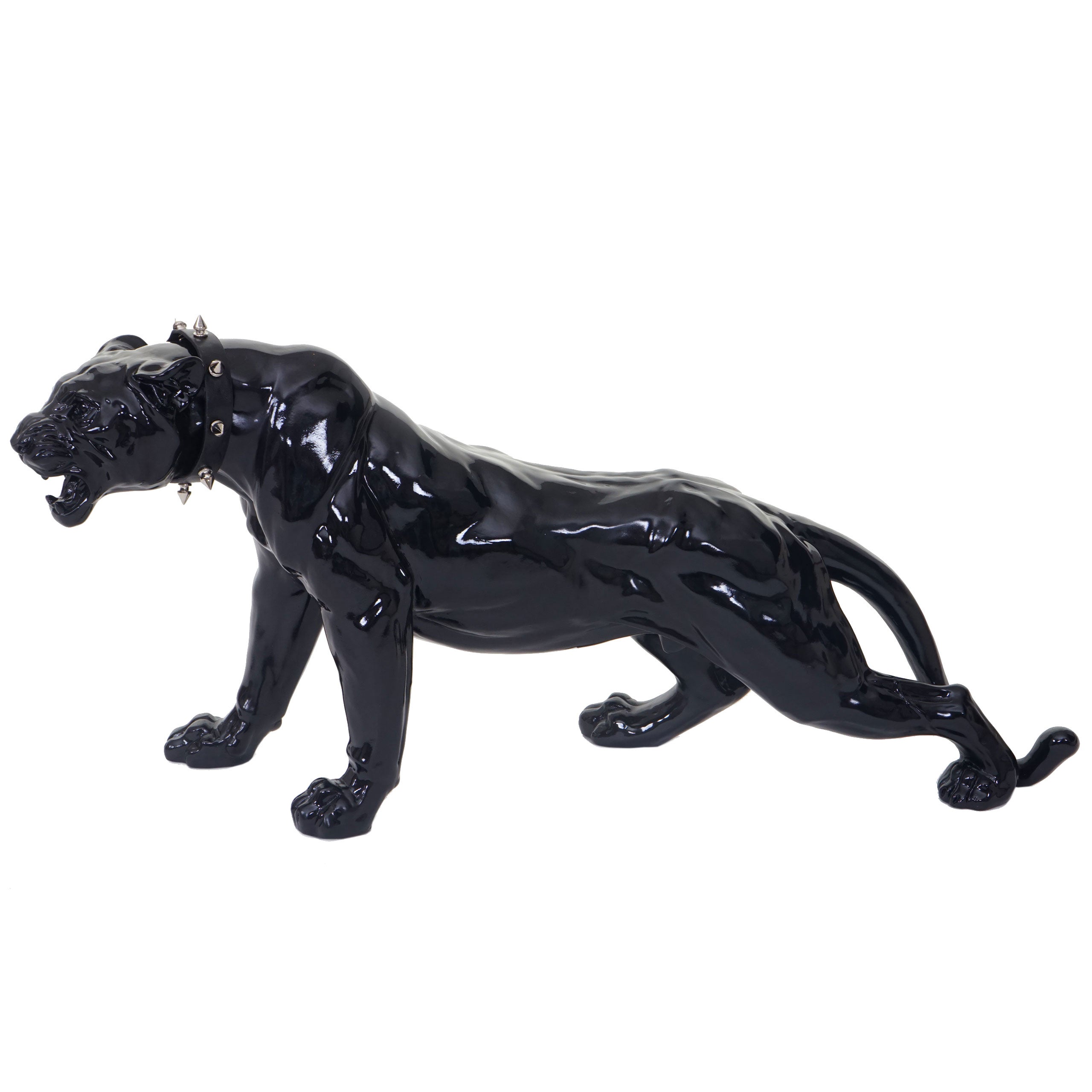 Figura decorativa leopardo 59cm, escultura de poliresina pantera, interior/exterior ~ negro alto brillo con collar