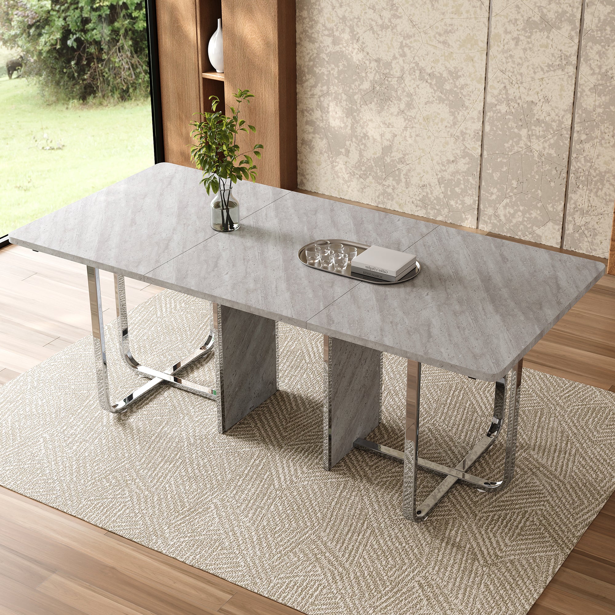 Mesa rectangular 180 x 80 x 75 cm - patas metálicas - gris y plata - 6 plazas