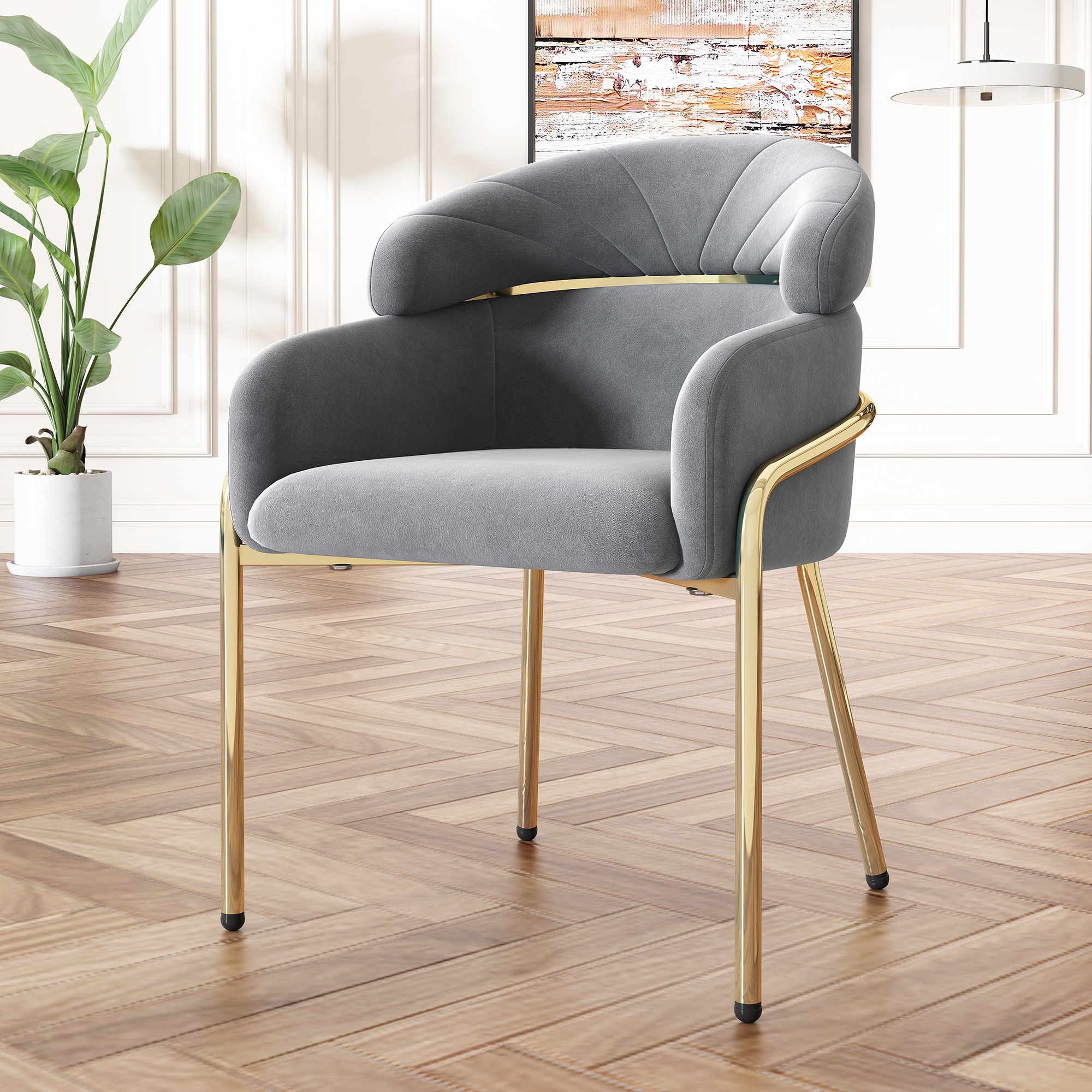 Krzesło do jadalni z podłokietnikiem - 53 x 45 x 79 cm - Aksamit i złote metalowe nogi - Szare