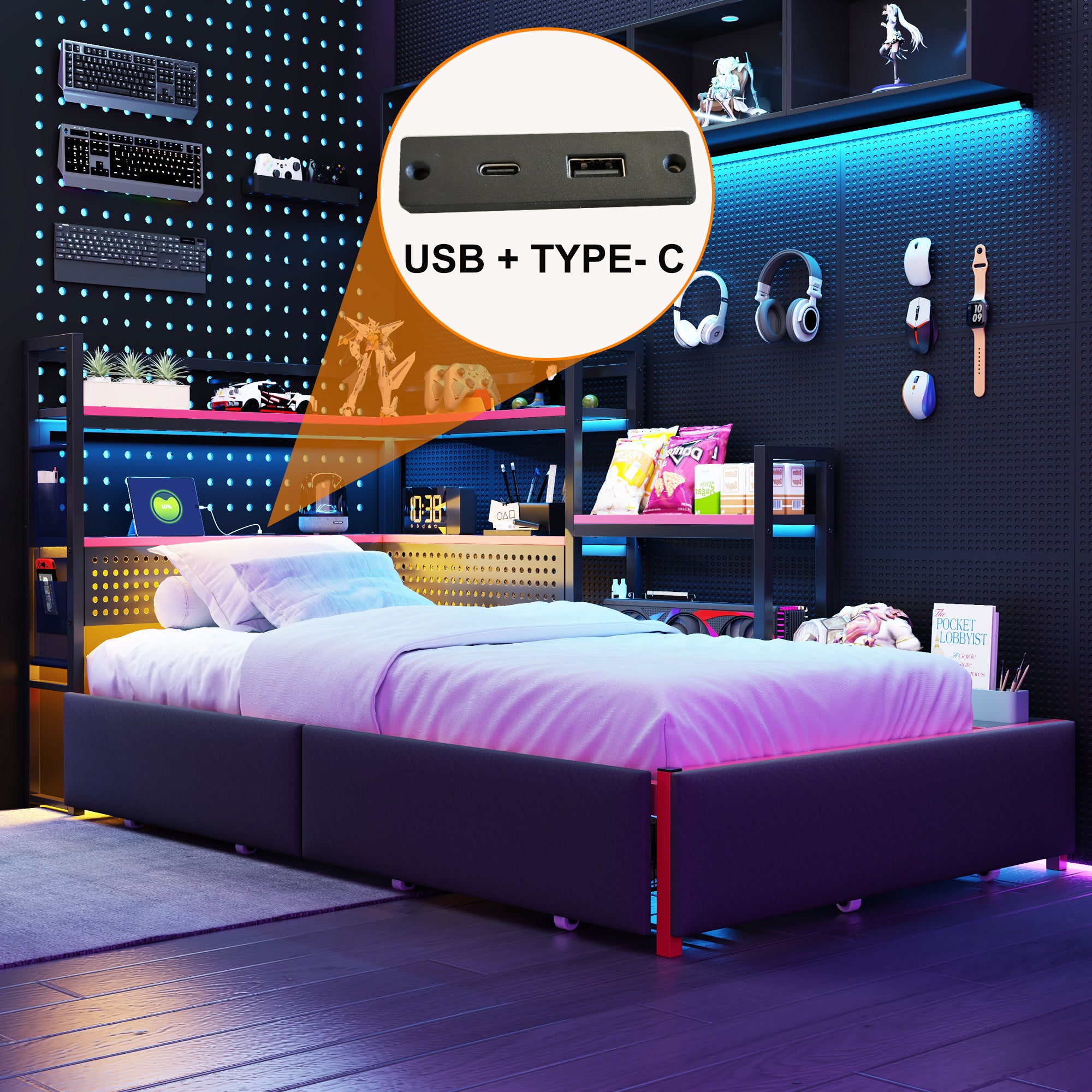 Łóżko 90 x 200 cm z 3 szufladami i półkami - Oświetlenie LED i porty USB - Metalowe - Czarne (Materac nie jest w zestawie) - 2