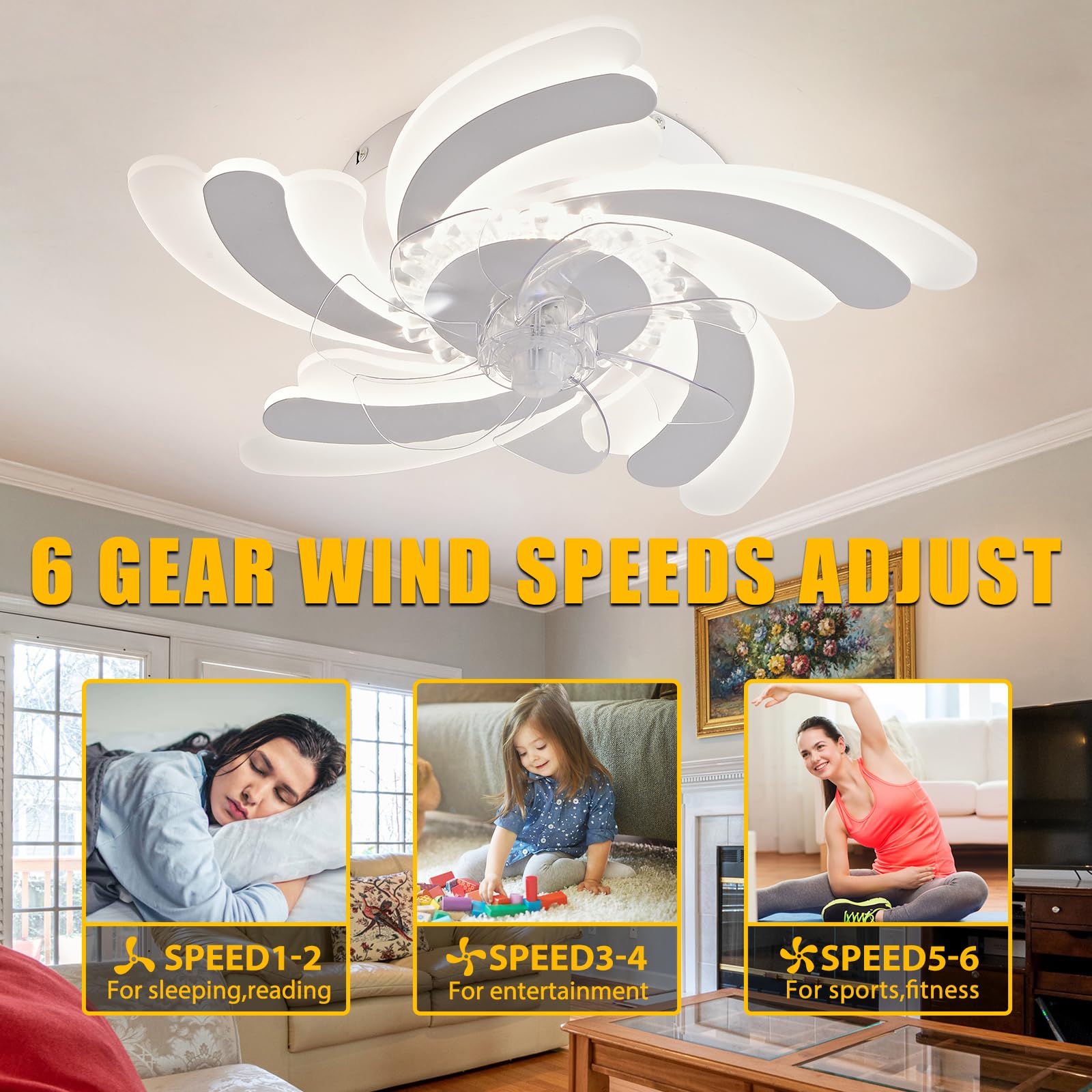 Ventilateur de plafond avec lumières, ventilateur de plafond encastré avec télécommande et application, 6 vitesses de vent, intensité variable, 65 cm - 9